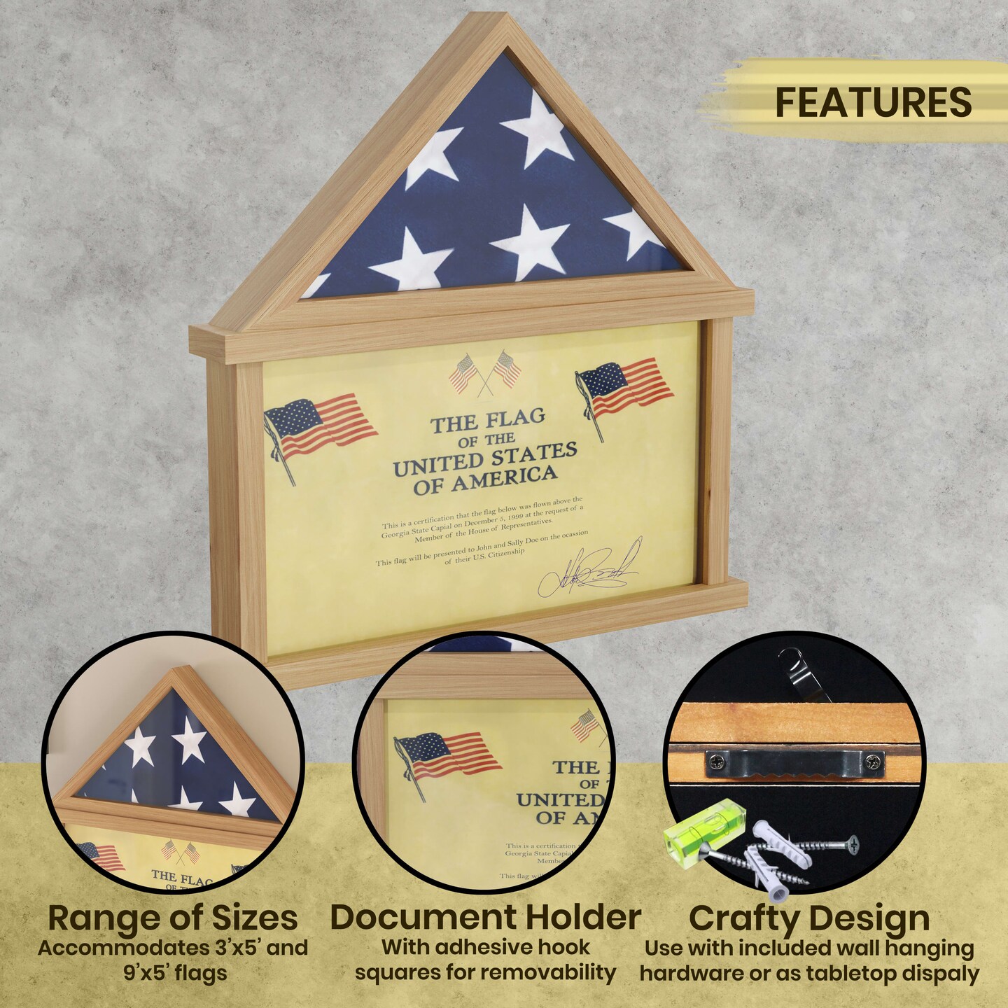 HBCY Creations Memorial Flag, Certificate And Shadow Box Display Case Small - Solid Wood