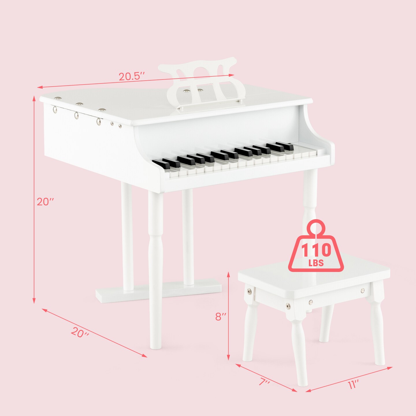 MDF and Birch Kids Classical Piano with Bench, Music Stand and Safe Design