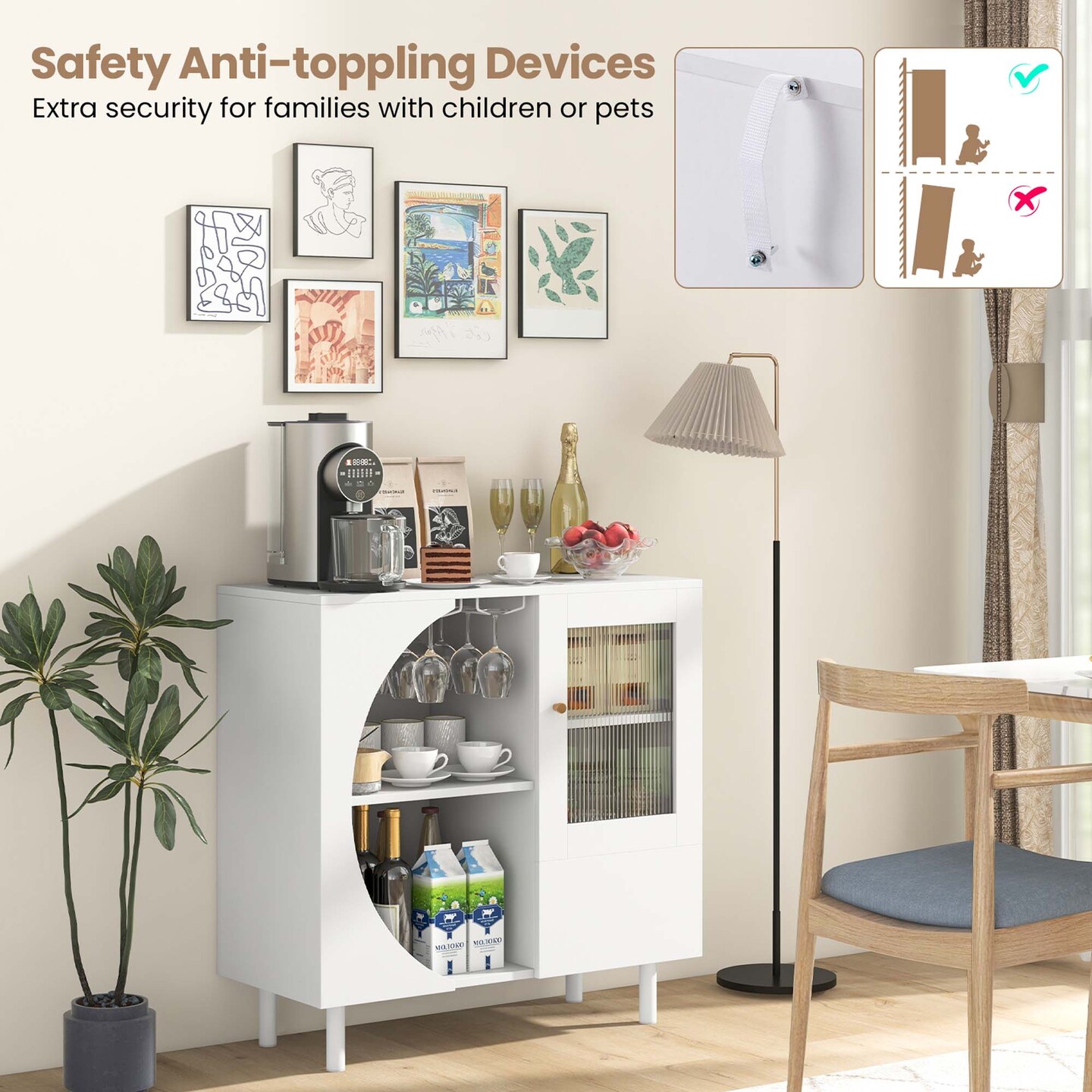 Costway Kitchen Sideboard Wooden Buffet Cabinet with Glass Holder &#x26; Tempered Glass Doors