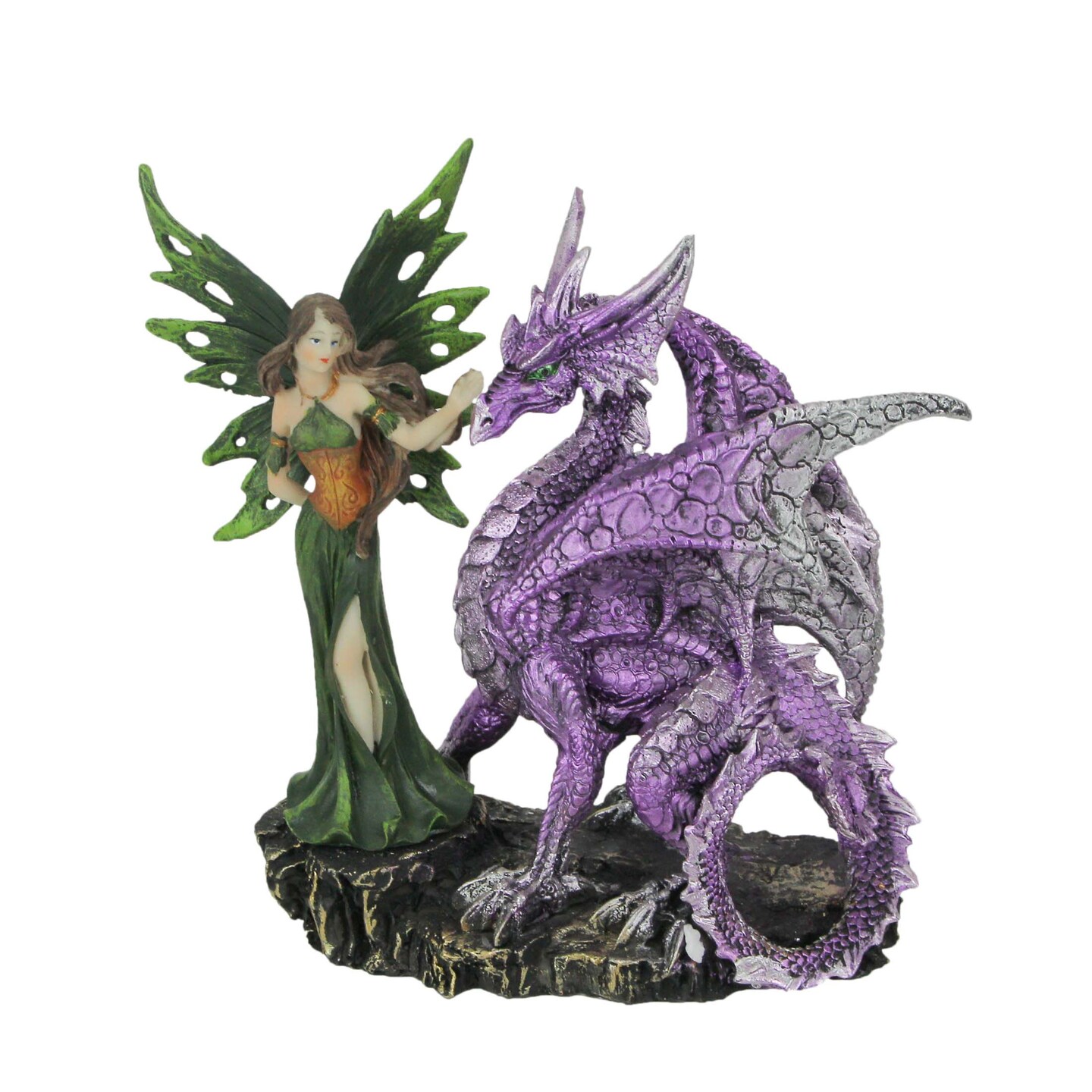 Metallic Green Forest Fairy with Pet Purple Dragon Statue 8.75 Inches