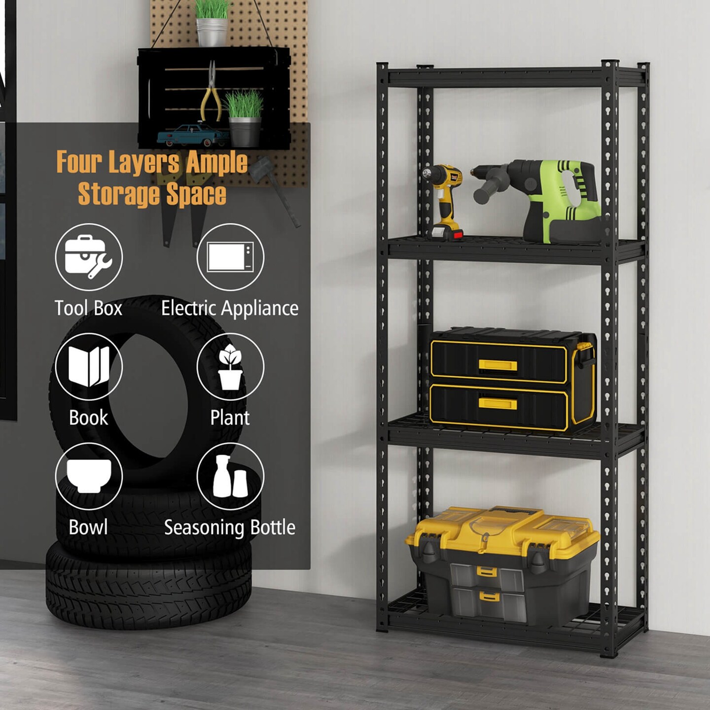 Costway 1/2/3/4 PCS 4-Tier Metal Shelving Unit Heavy Duty Wire Storage Rack with Anti-slip Foot Pads Black