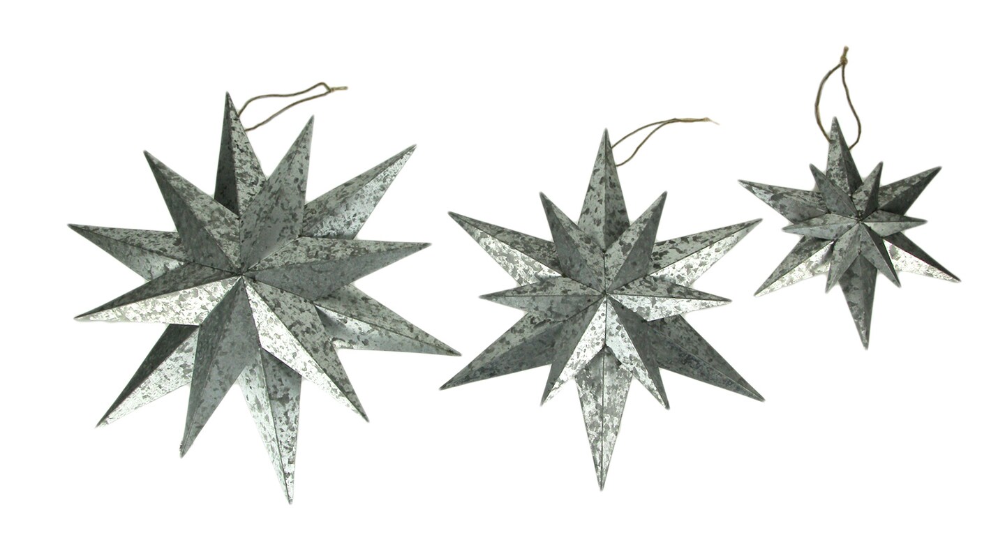 Rustic Galvanized Metal 12 Pointed Star Wall Sculptures Set of 3