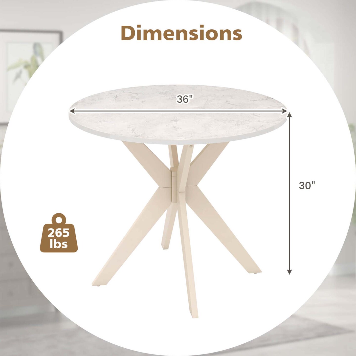 Costway Round Dining Table 36" Faux Marble Tabletop Rubber Wood Legs Kitchen White/Black
