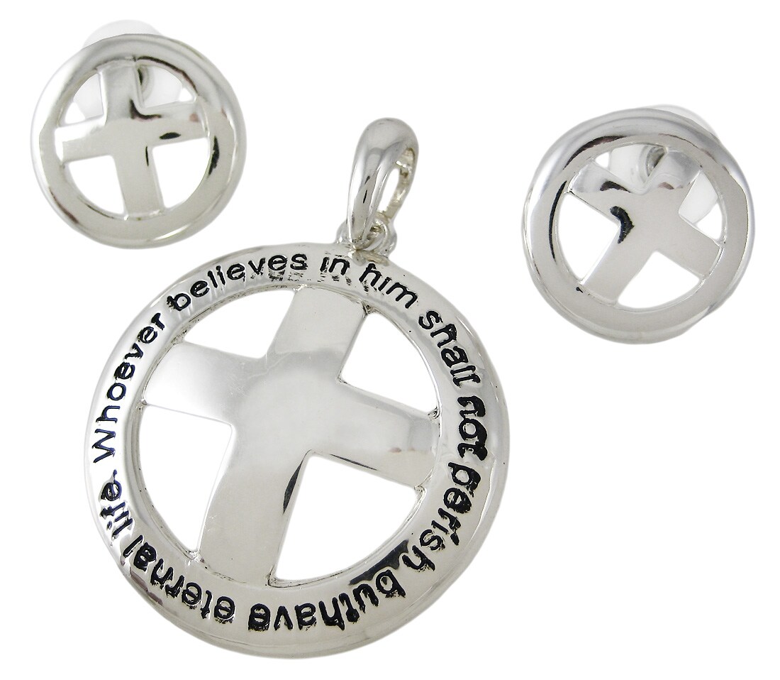Religious Christian Cross Pendant Earring Set Jesus John 3:16 NIV