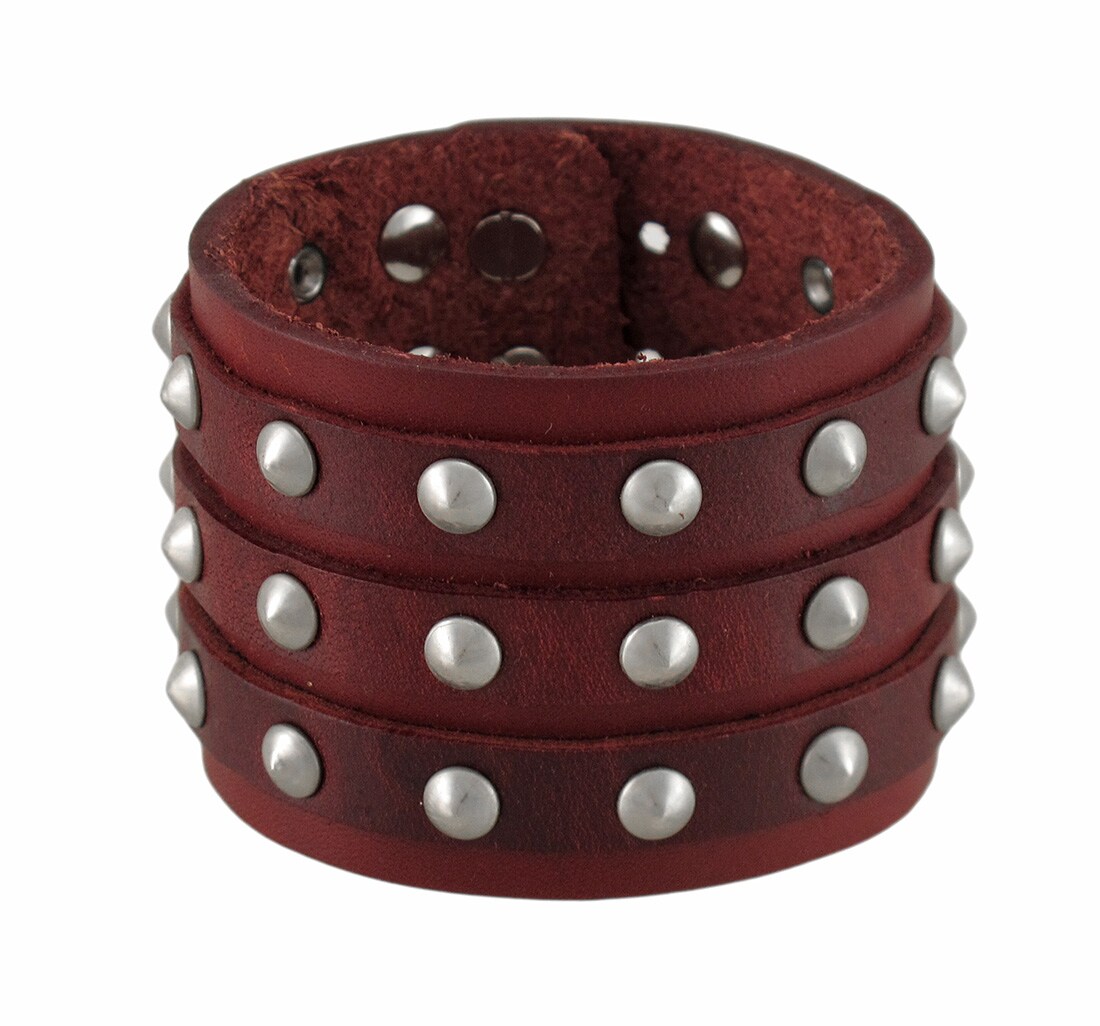 Brown Leather 3 Row Cone Spiked Wristband Wrist Band