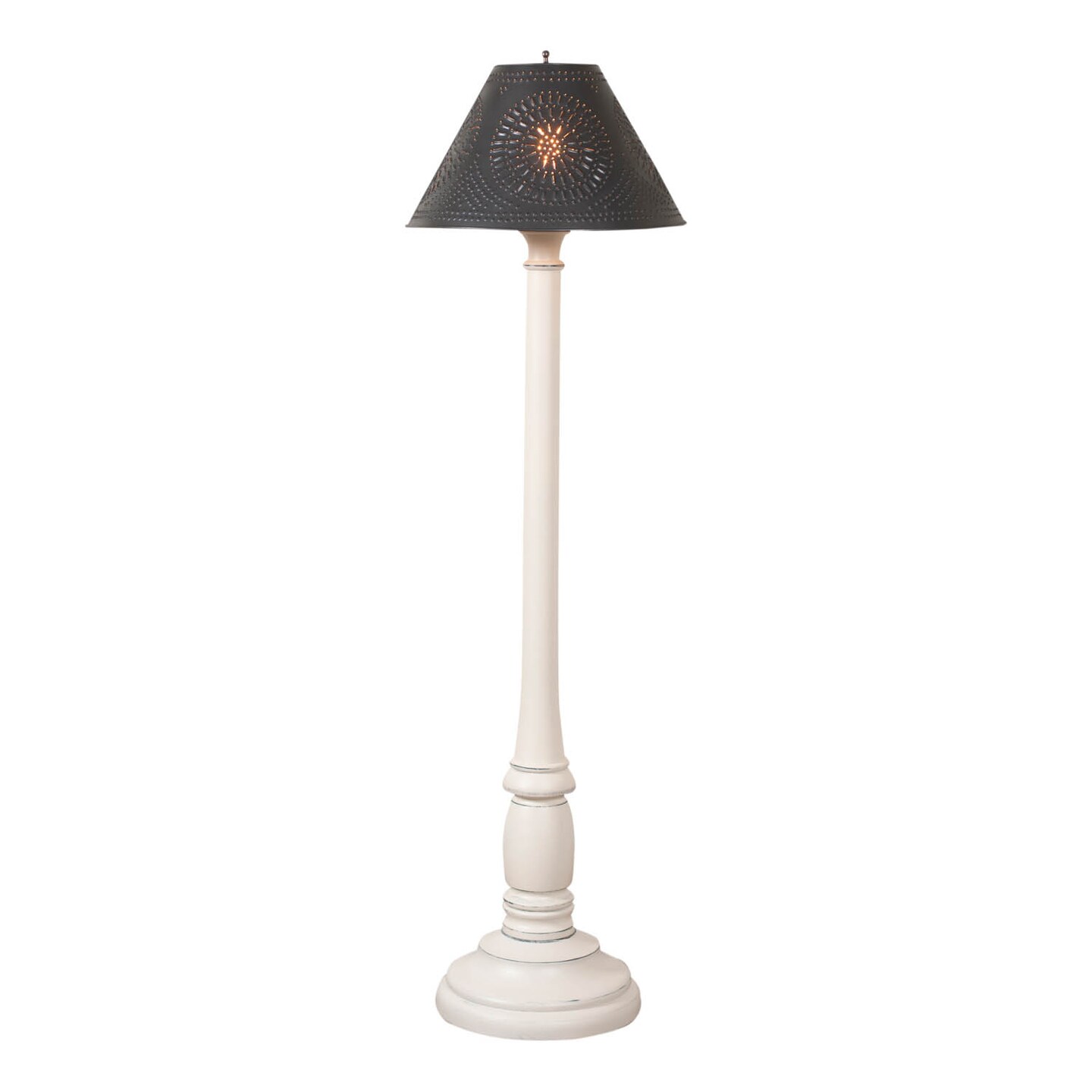 Irvins Country Tinware Brinton Floor Lamp in Rustic White with Smokey Black Metal Shade