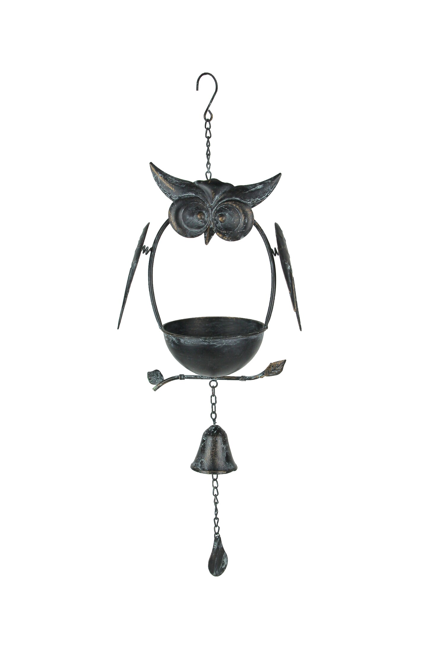 Rustic Weathered Metal Owl Hanging Bird Feeder With Bell Chime