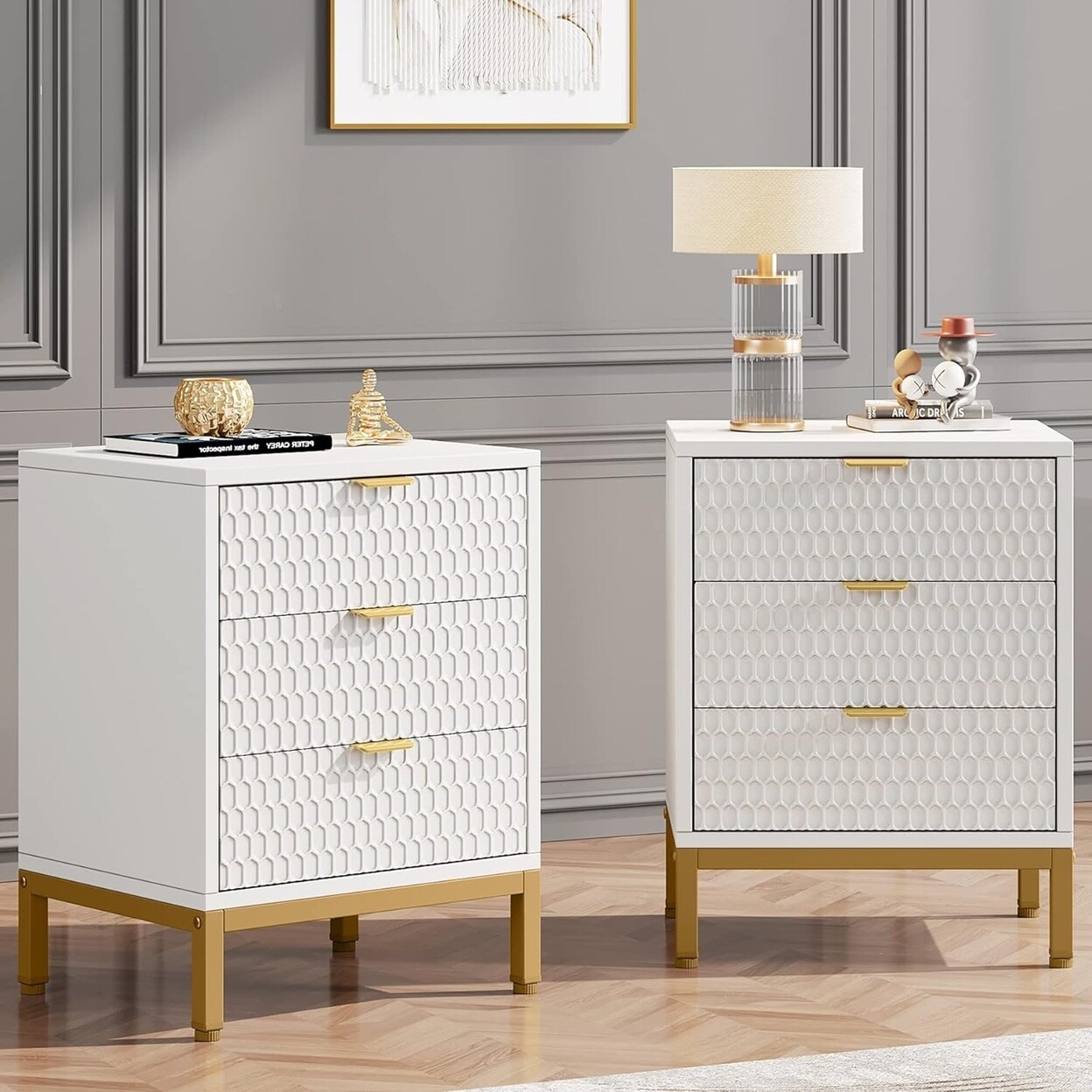 Tribesigns Modern Nightstand 25.8&#x22; Tall Bedside Table With 3 Drawers White Gold