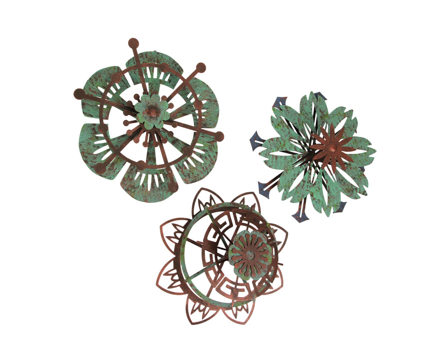 Set of 3 Metal Flower Wall Art Copper Verdigris Hanging Decor Floral Sculpture