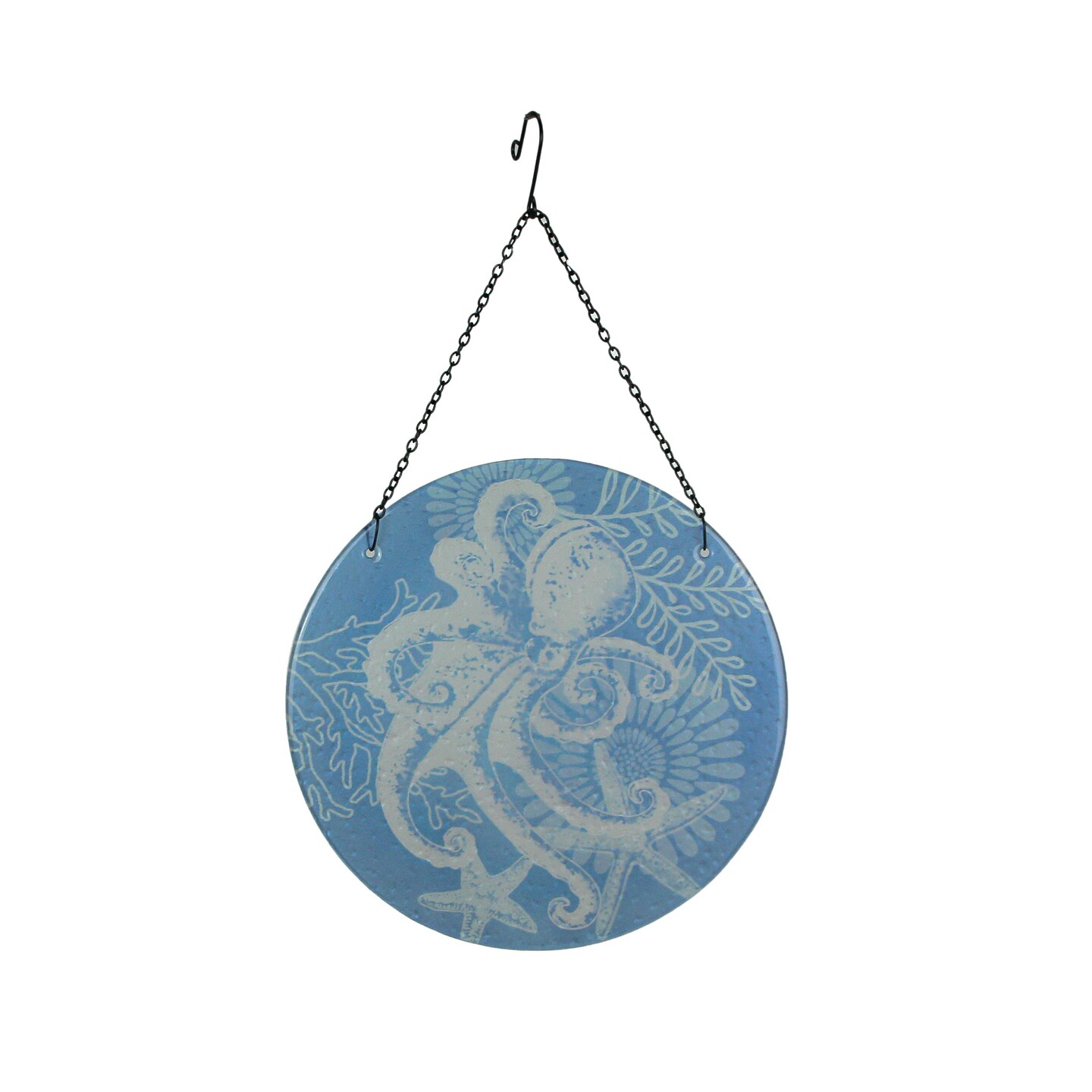 Large Coastal Blue and White Octopus Glass Suncatcher With Hanger 11.75 Inch