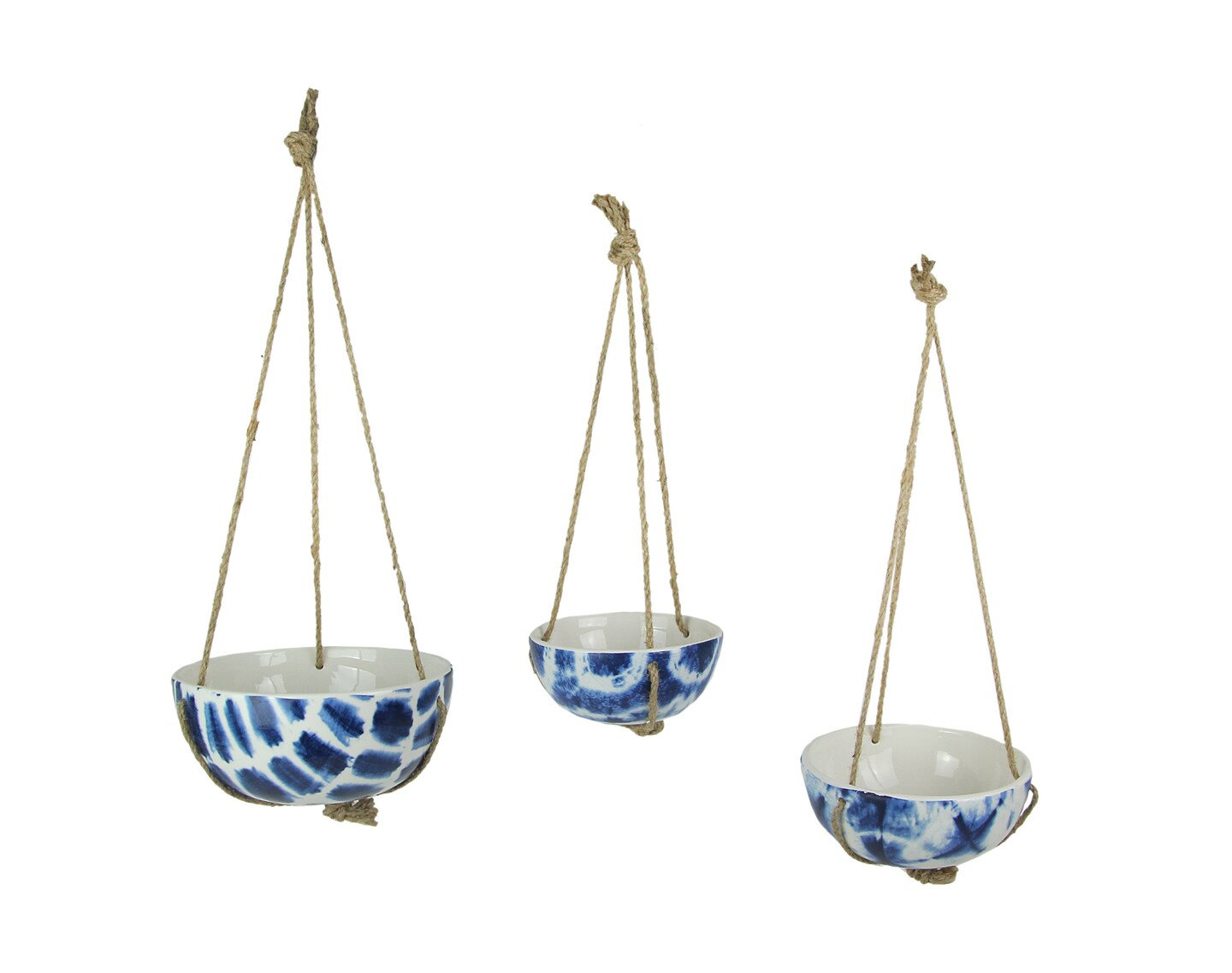Set of 3 Blue and White Shibori Style Dyed Ceramic Hanging Mini Planters