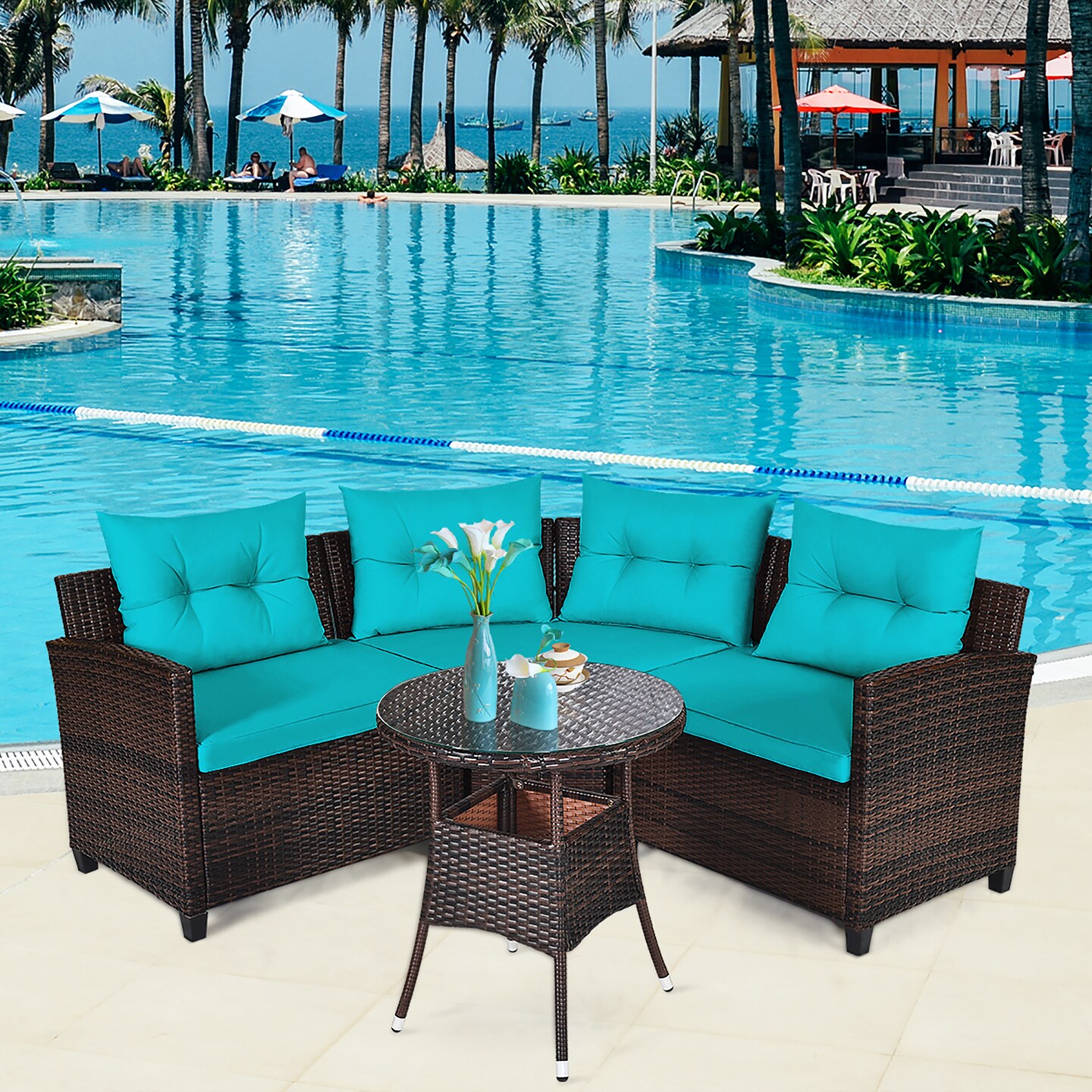 Costway 4PCS Outdoor Patio Rattan Furniture Set Cushioned Sofa Table Turquoise\Black\Navy\Red