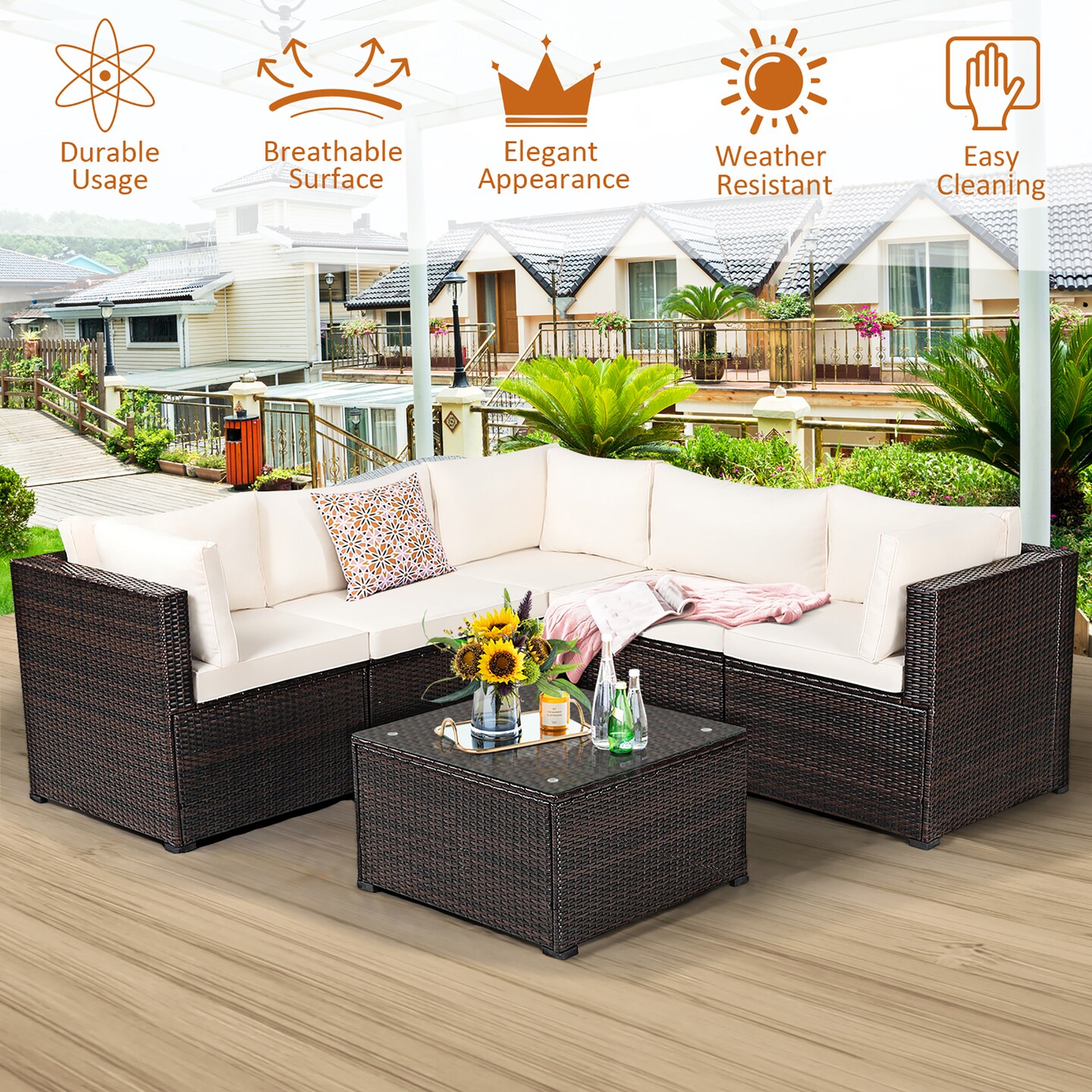 Costway 6PCS Rattan Patio Sectional Sofa Conversation Set Outdoor