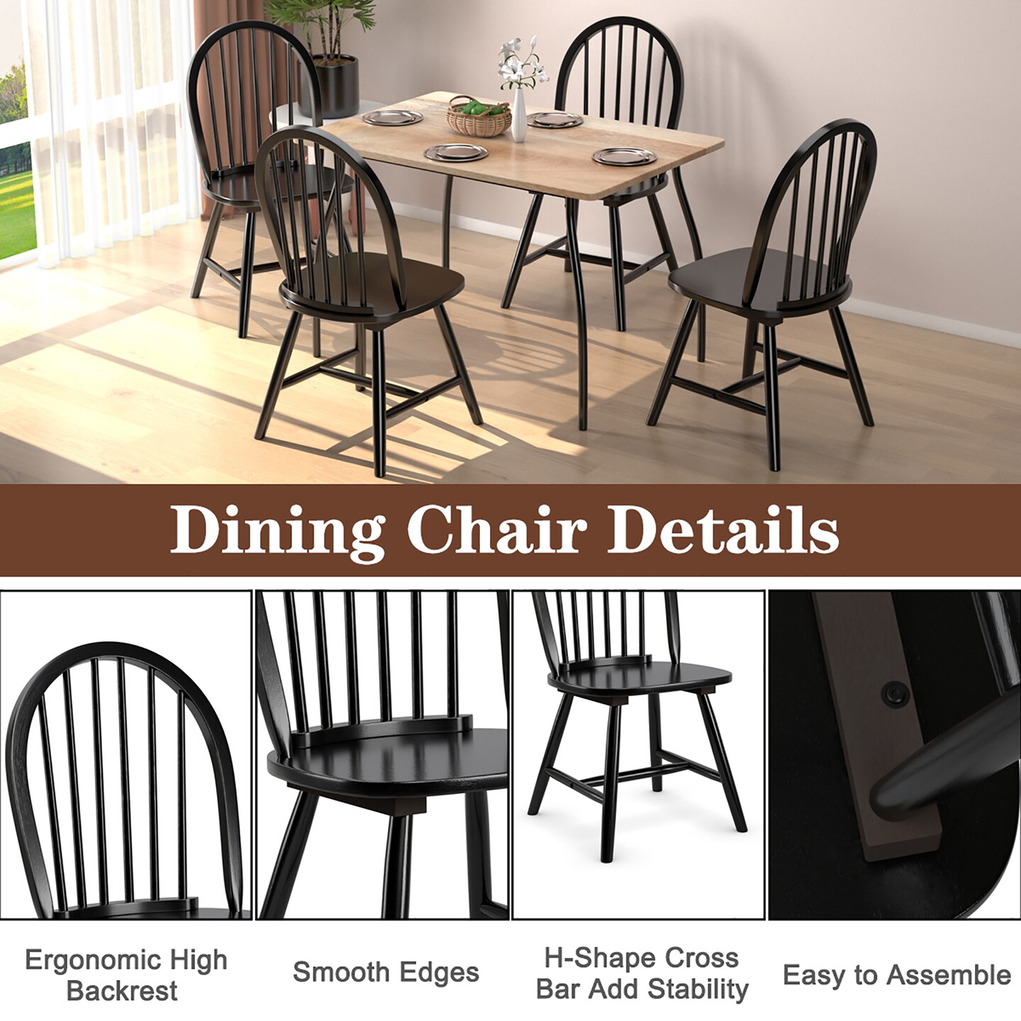 Costway Set of 2 Vintage Windsor Dining Side Chair Wood Spindleback Kitchen Room Black\White