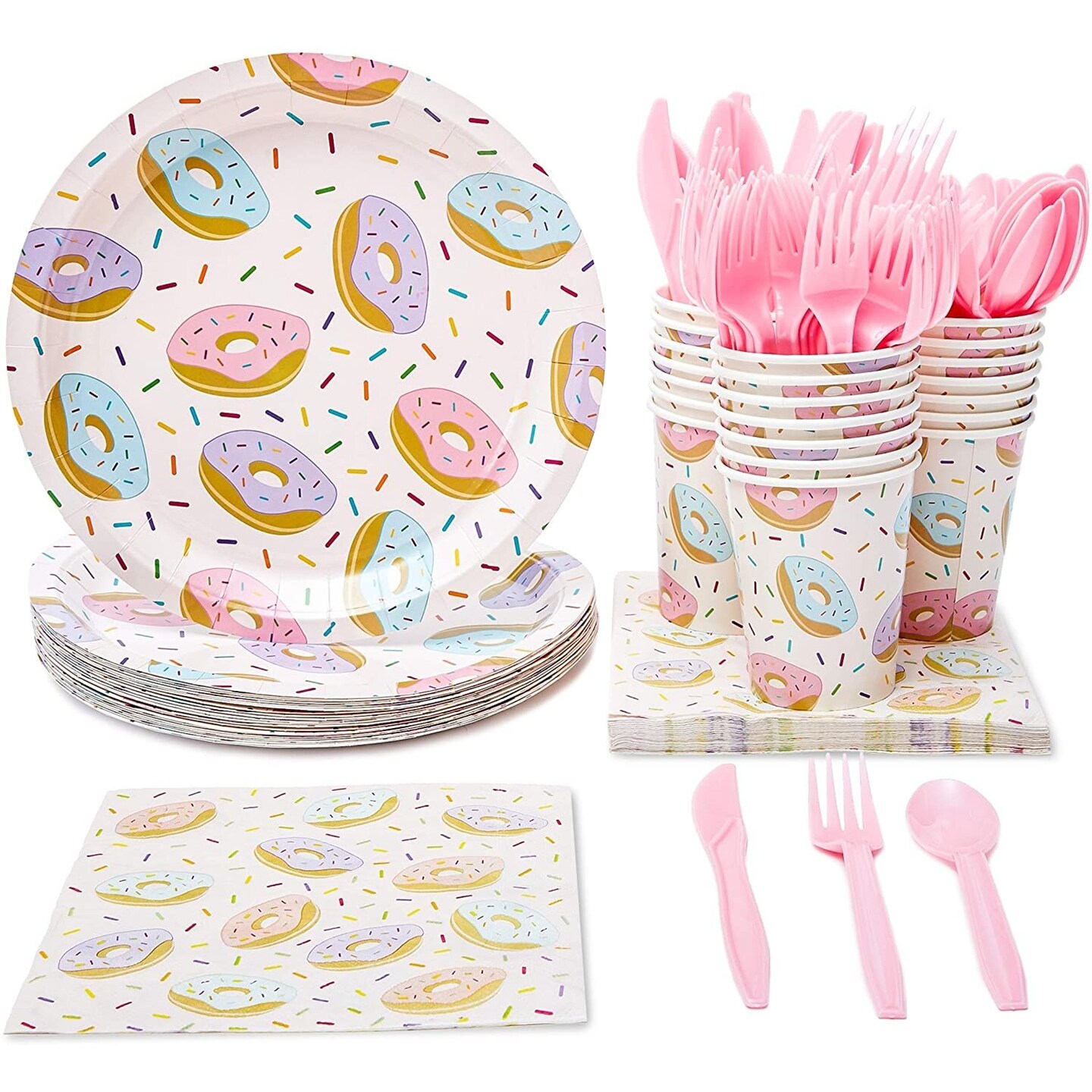 144 Piece Donut Grow Up Party Supplies - Serves 24 Sprinkle Paper Plates, Napkins, Cups and Cutlery for Two Sweet Birthday Decorations