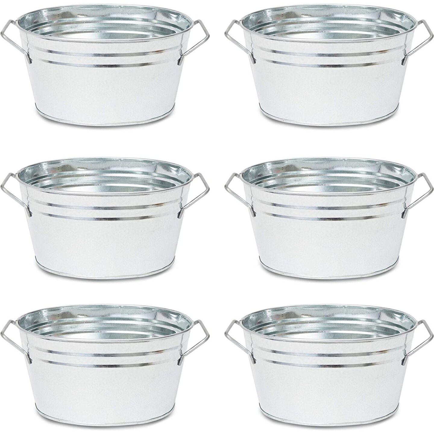 6 Pack Small Galvanized Buckets with Handles, Oval Metal Pails for Plants, Rustic Home Decorations (7.5 x 6.4 x 4 In)