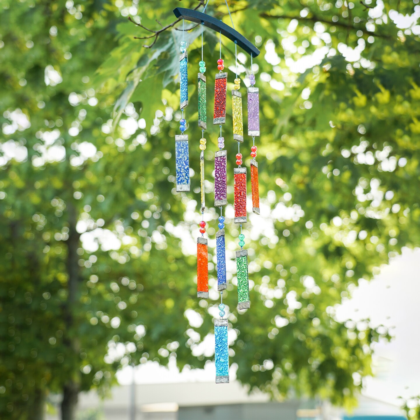 In the Breeze 7026 — Rainbow Textured Tiered Glass Mobile Wind Chime - Colorful Hanging Suncatcher - Hanging Glass Decoration