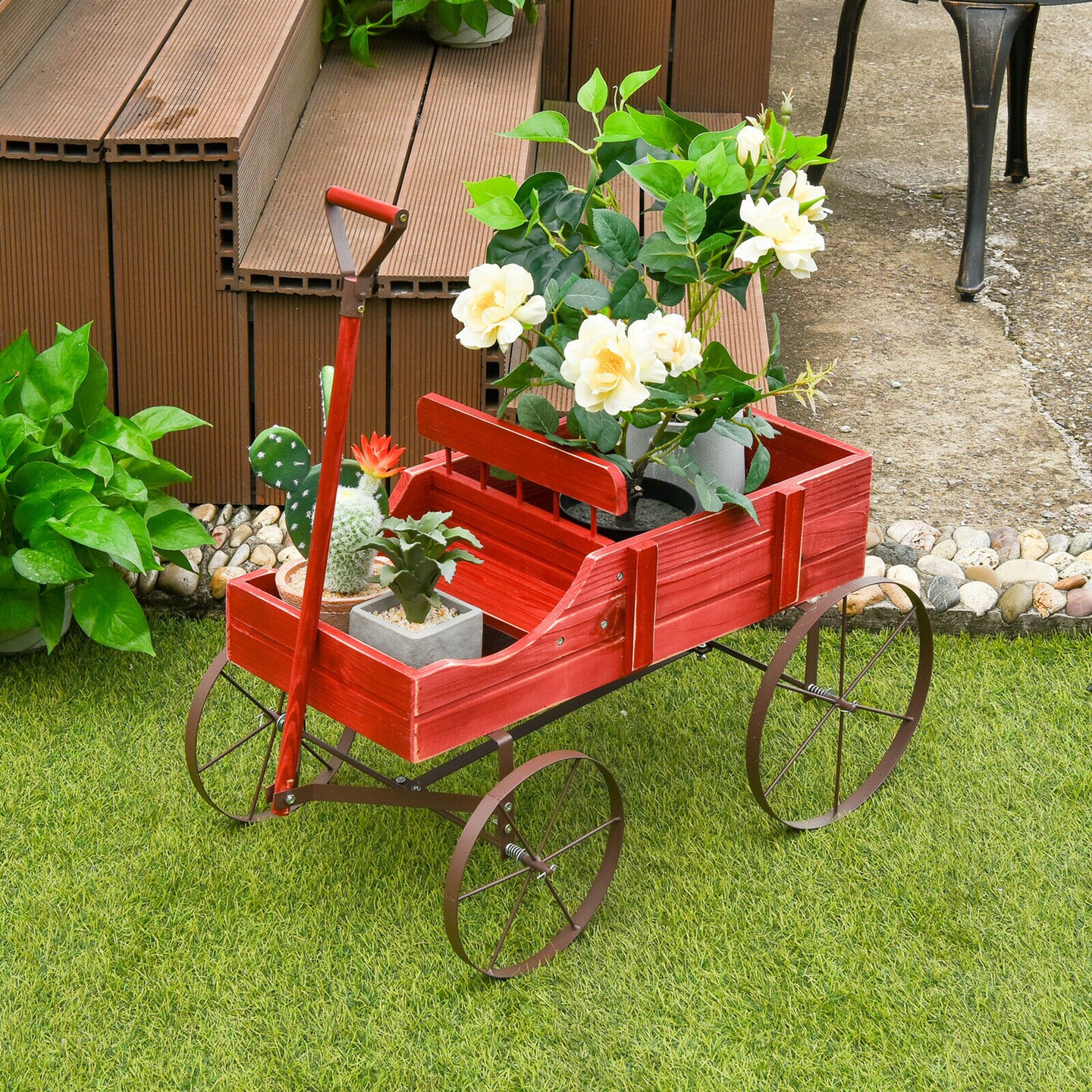 Costway Garden Plant Planter Wooden Wagon Planter W/ Wheel Garden Yard