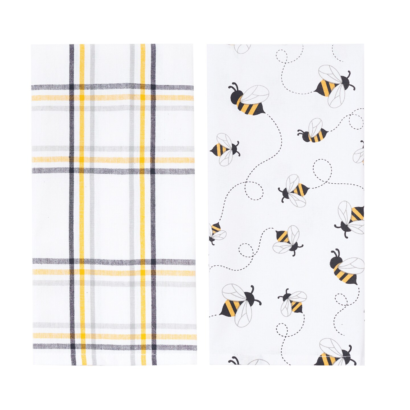 Honey Bee Yellow & Black Plaid Pattern Spring Summer Cotton Kitchen Dishtowels Set of 2