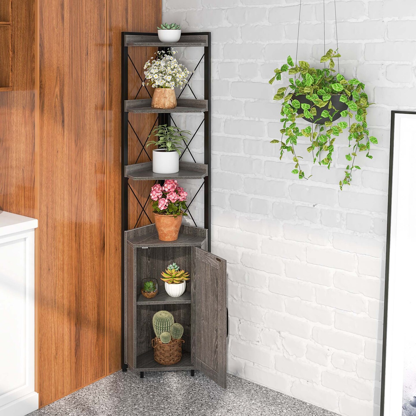 Costway 6-Tier Corner Bookshelf with 5-Level Adjustable Shelf & Anti-Tipping Kits Rustic Brown/Gray