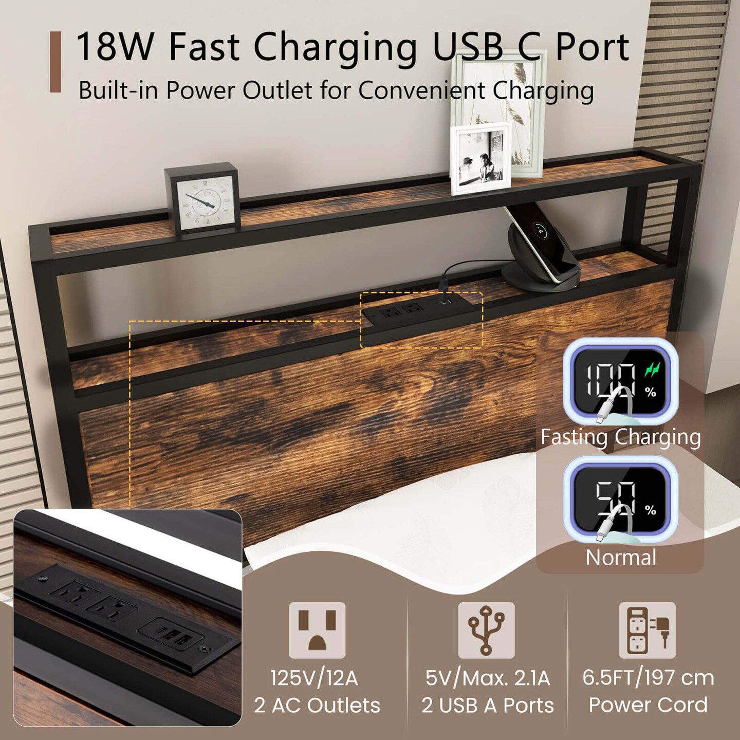 Costway Twin/Full/Queen Bed Frame with Storage Headboard Charging Station 18W USB C Port Rustic Brown
