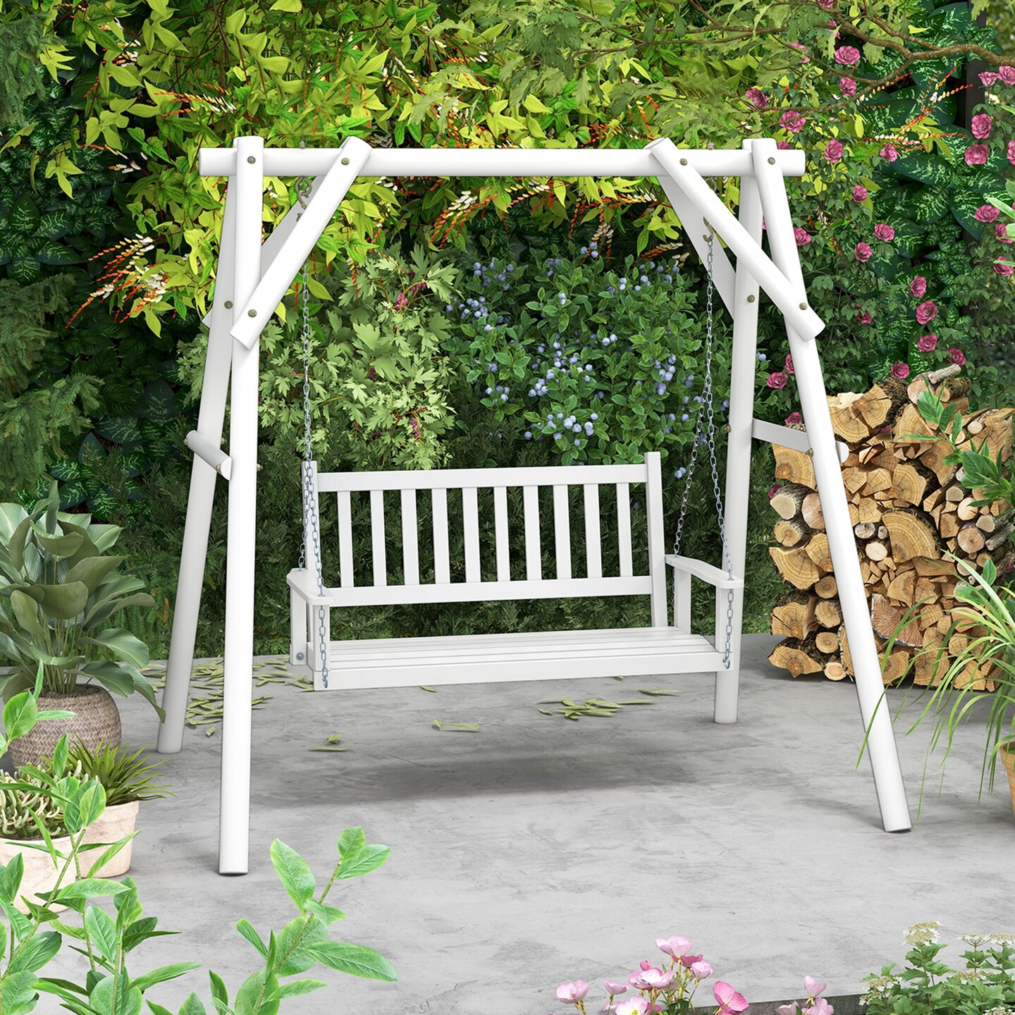 Costway 3-Person Wooden Outdoor Porch Swing Heavy Duty Patio Hanging Bench Chair Brown/White