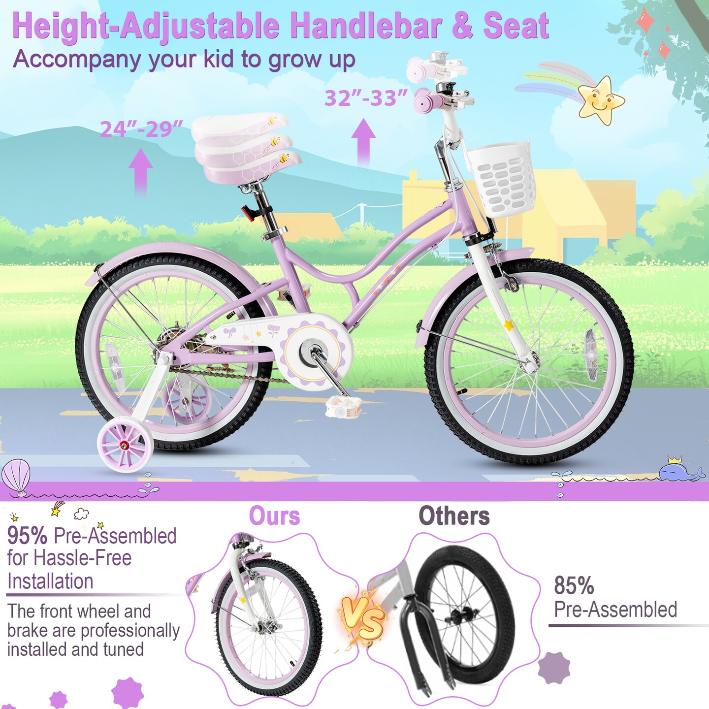Babyjoy 18 Inch Kid Bike 95% Pre-Assembled Girls Bicycle with Training Wheels &#x26; Basket Age 6-9 Years Old Pink/Purple