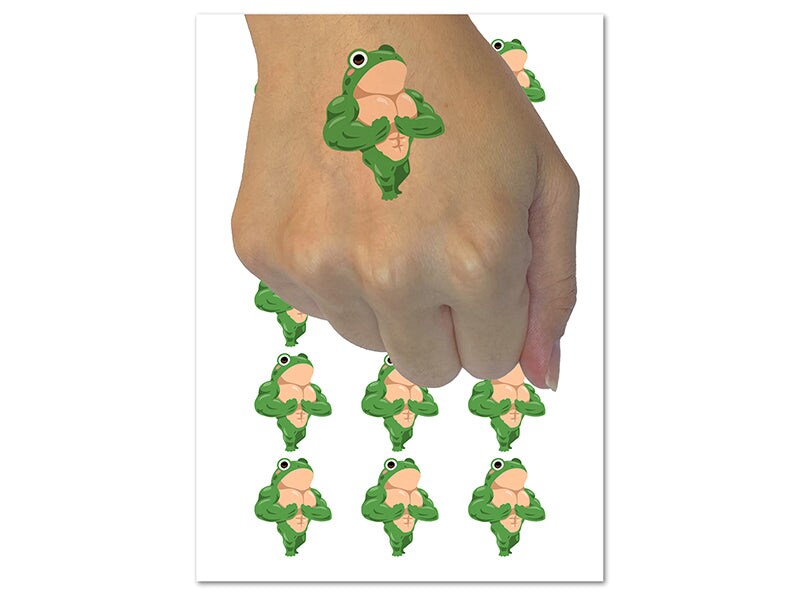 Pocket Frog Buff Muscles Funny Temporary Tattoo Water Resistant Fake Body Art Set Collection (1 Sheet)