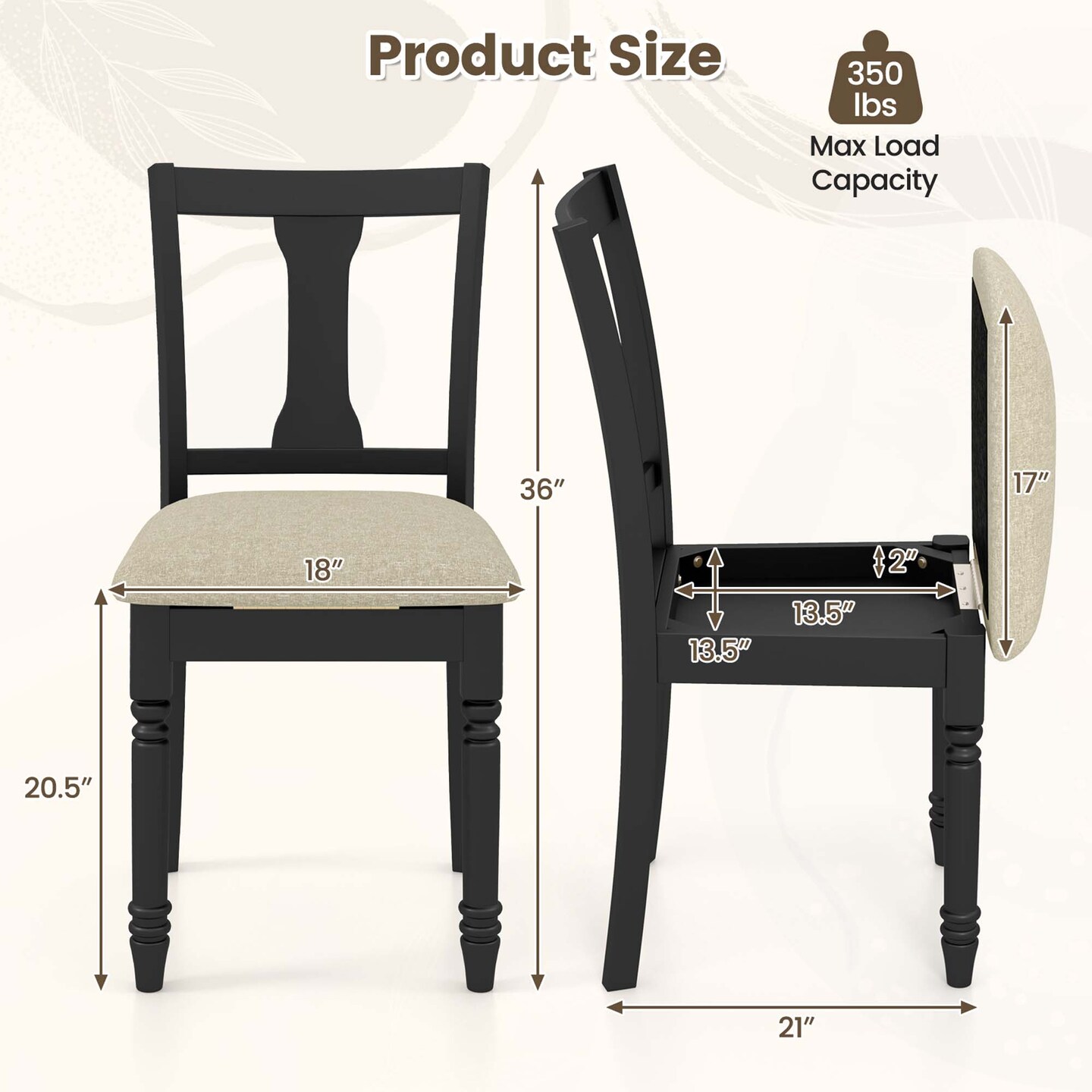 Costway 2 PCS Wood Chair Antique Upholstered Chair with Storage Space Black &#x26; Beige/Brown &#x26; Light Gray
