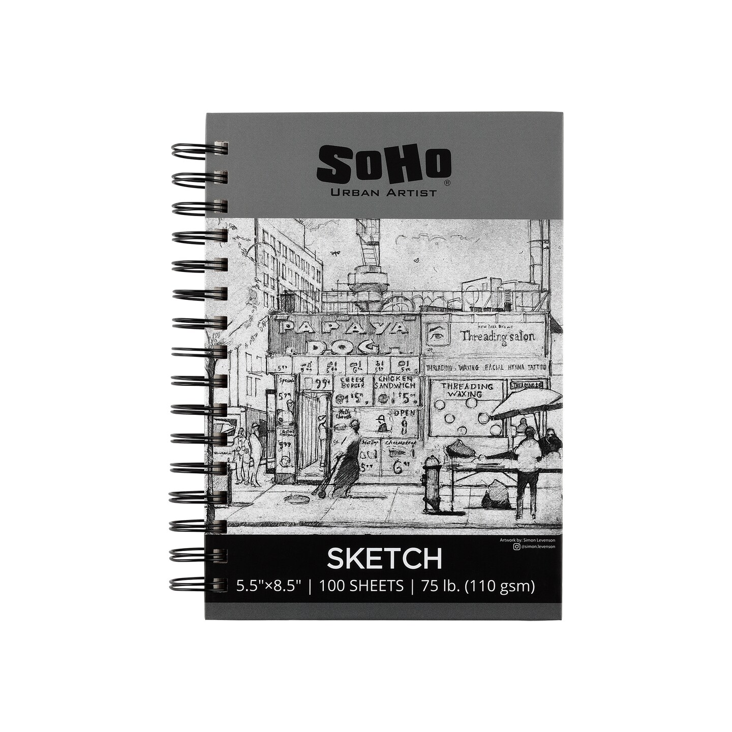 Soho Urban Artist Sketchpad (75lb/110gsm), 100 Sheets of Spiral Bound Sketch Book for Artist Pro & Amateurs, Colored Pencil, Charcoal and Graphite for Sketching