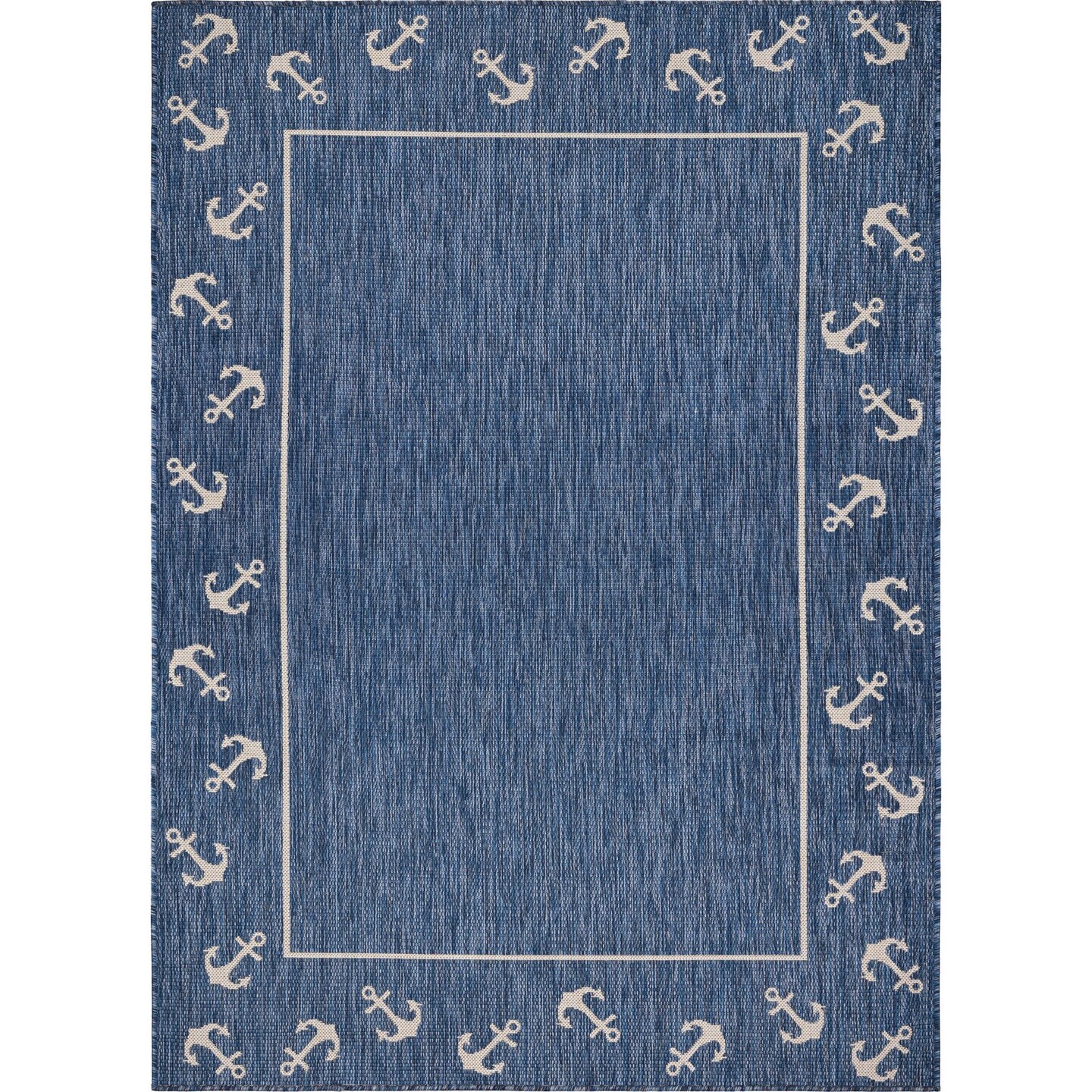 Laddha Home Designs 7.5' x 9.5' Navy and Beige Nautical Anchor Rectangular Outdoor Area Throw Rug