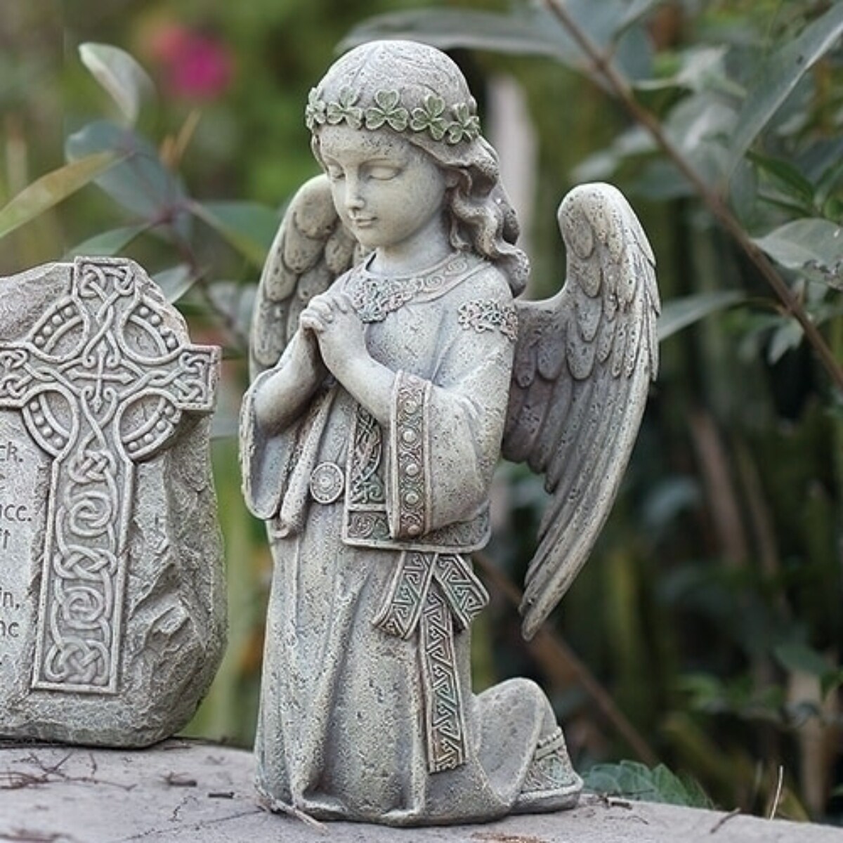 Roman 12.25&#x22; Celtic Kneeling Angel Outdoor Garden Statue