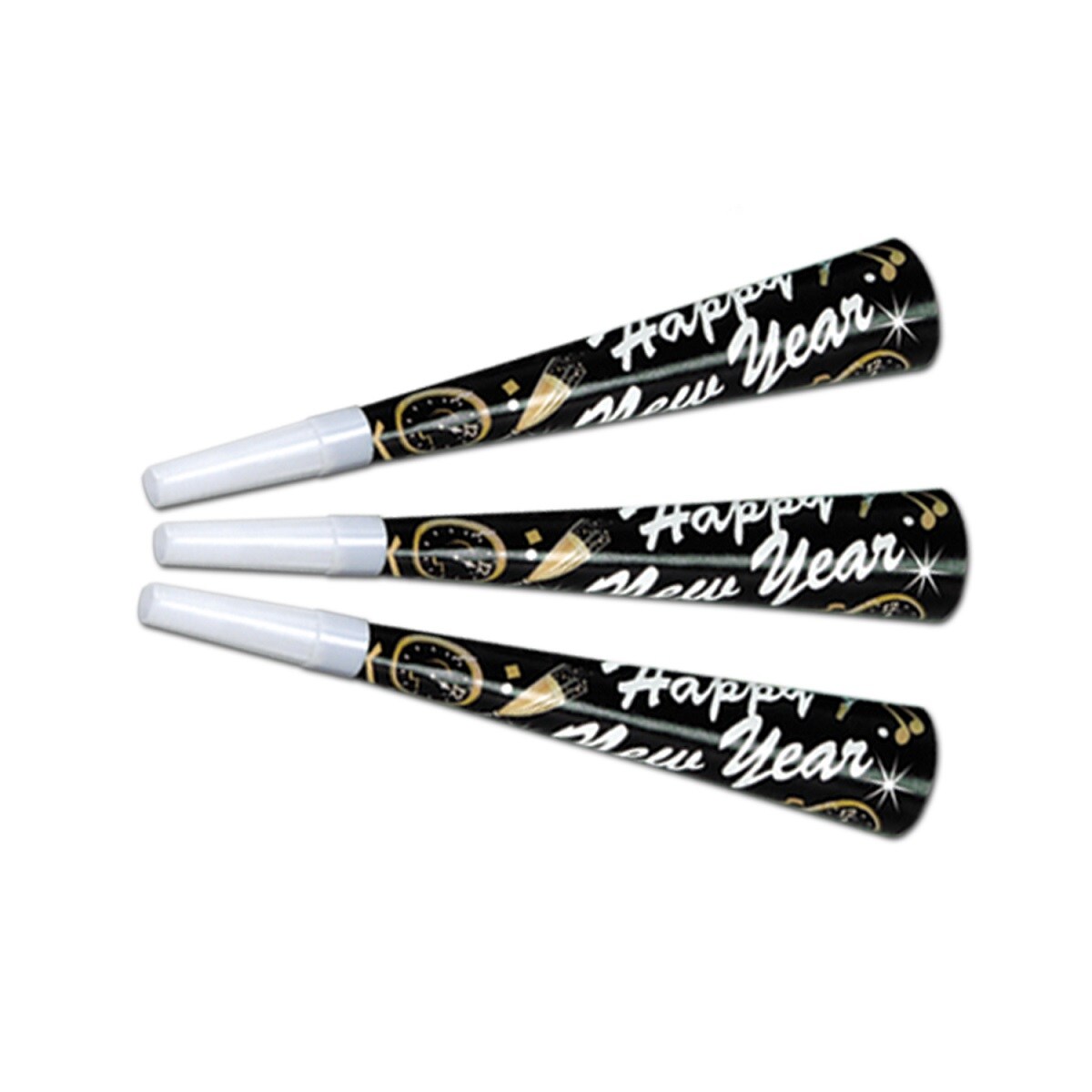 Beistle Club Pack of 100 Black, White and Gold New Year Tymes Trumpet Horn Party Favors 9"