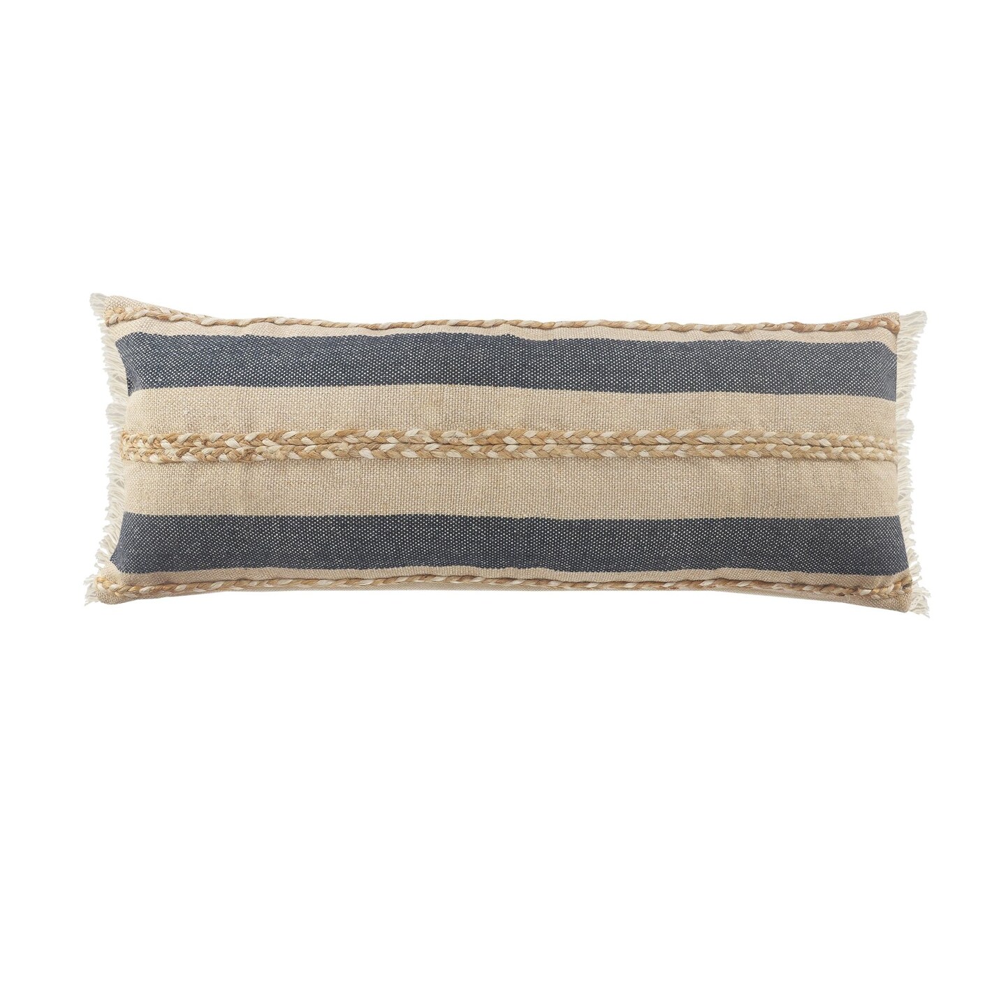 Laddha Home Designs 36&#x22; Blue and Tan Striped Rectangular Lumbar Pillow with Jute Braiding