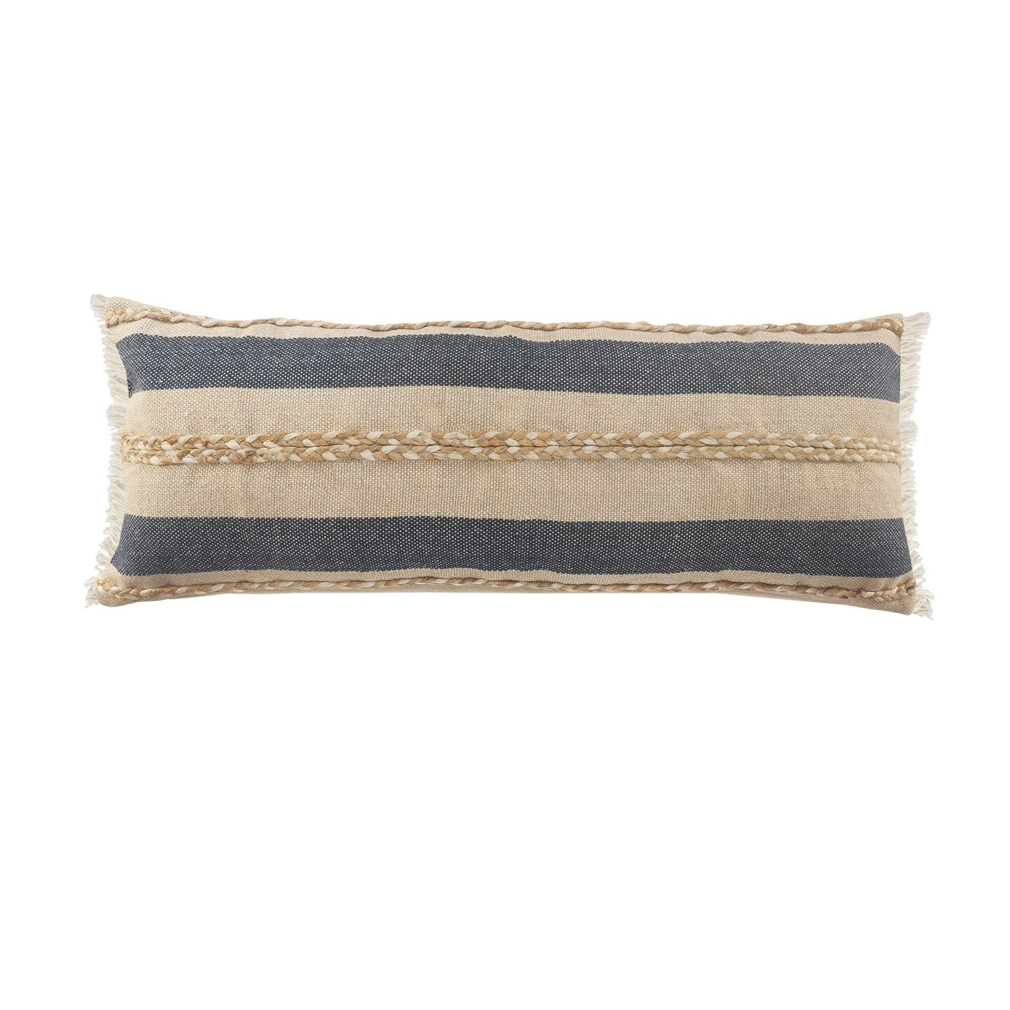 Laddha Home Designs 36" Blue and Tan Striped Rectangular Lumbar Pillow with Jute Braiding