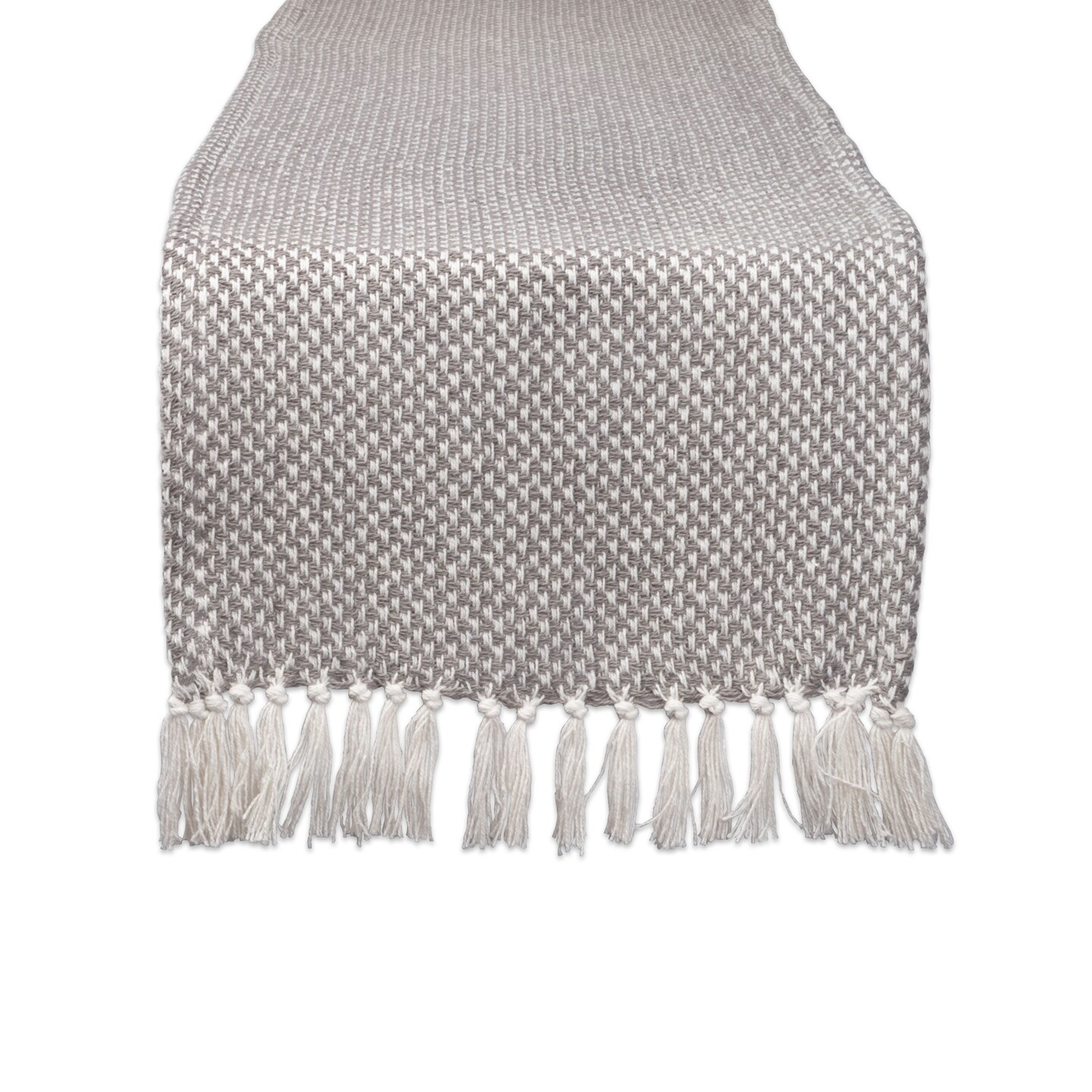 Contemporary Home Living Checkered Weave Cotton Table Runner with Tassels - 72&#x22; - Gray and White
