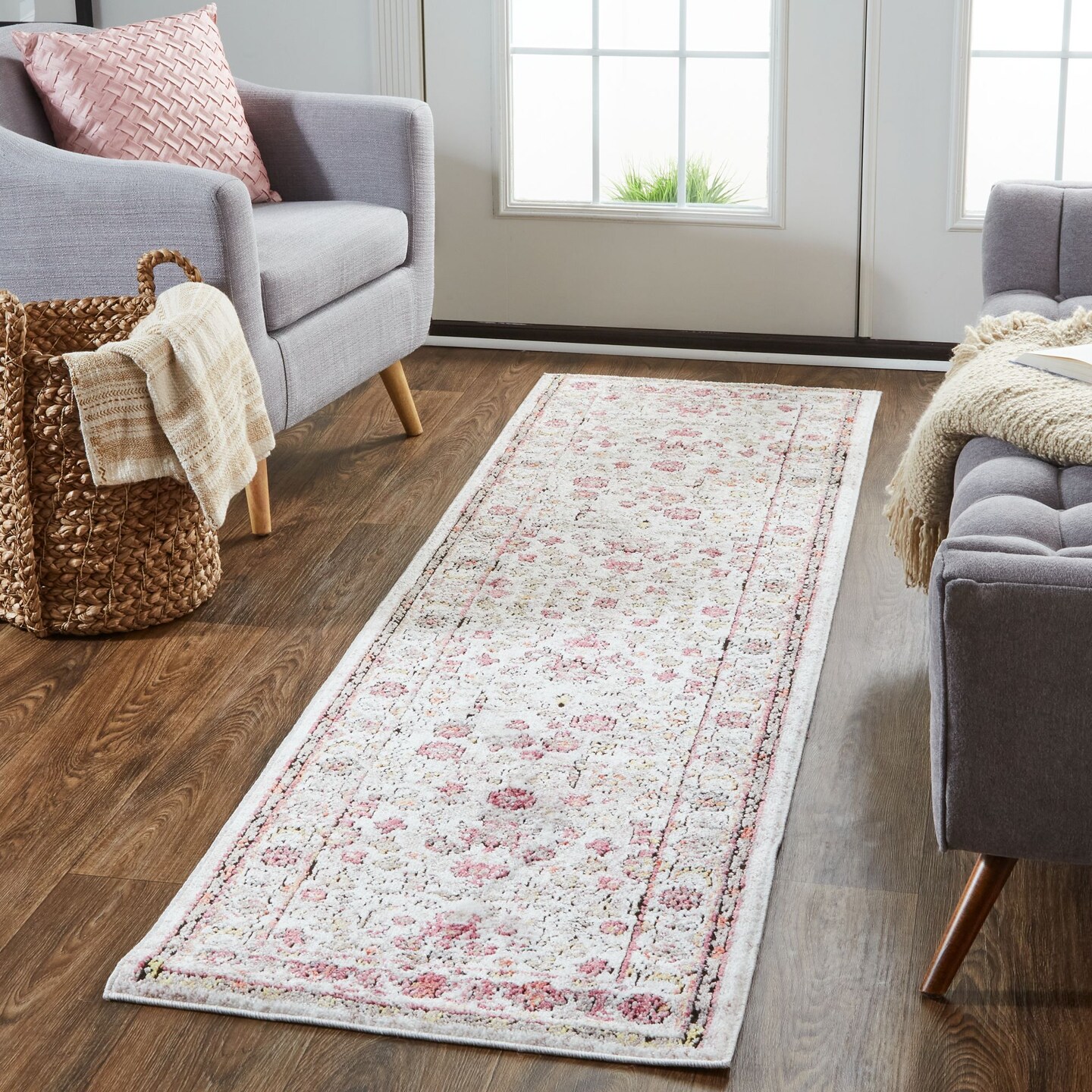 Feizy Home Collection 2.25&#x27; x 7.75&#x27; Gray and Pink Ornamental Rectangular Rug Runner