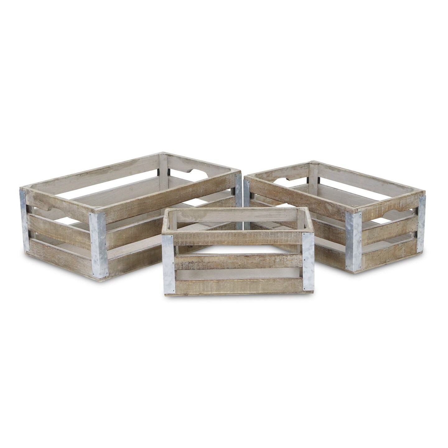 Contemporary Home Living Set of 3 Brown and Gray Slatted Handmade Storage Crates 14.5&#x22;