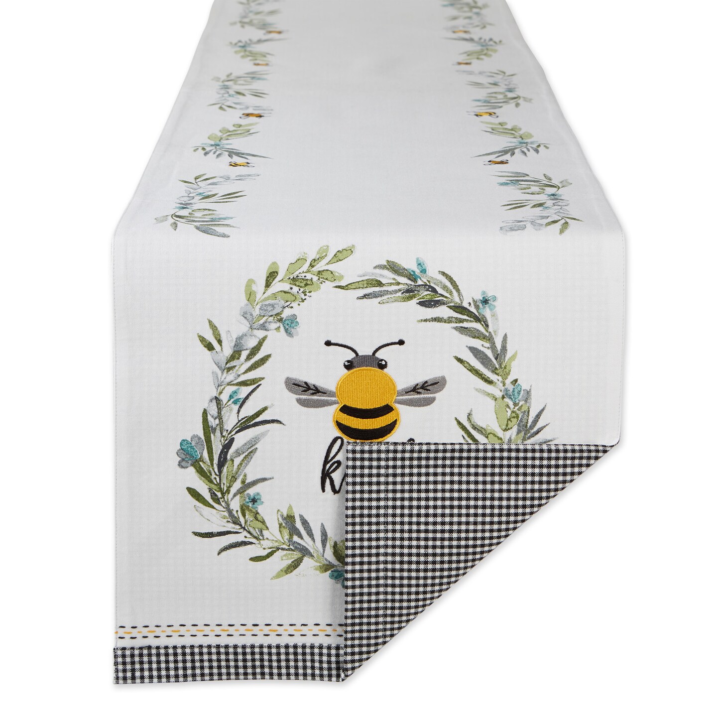 Contemporary Home Living Embroidered Bee Kind Reversible Table Runner - 108&#x22; - White and Black