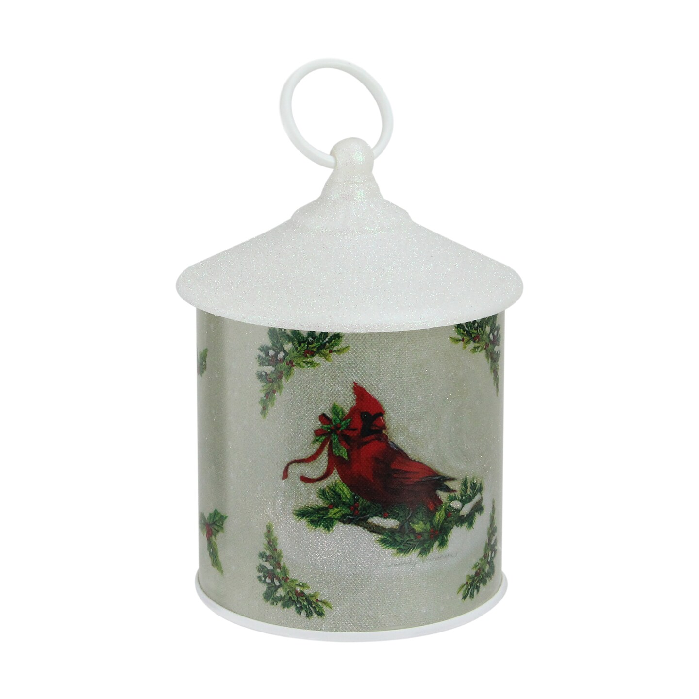 Roman 7.5&#x22; White and Red Battery Operated LED Lighted Resting Cardinal Scene Christmas Lantern