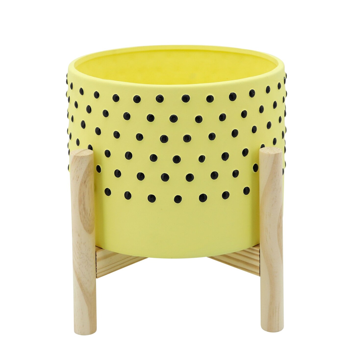 Kingston Living Ceramic Polka Dotted Planter with Stand - 8&#x22; - Yellow and Beige