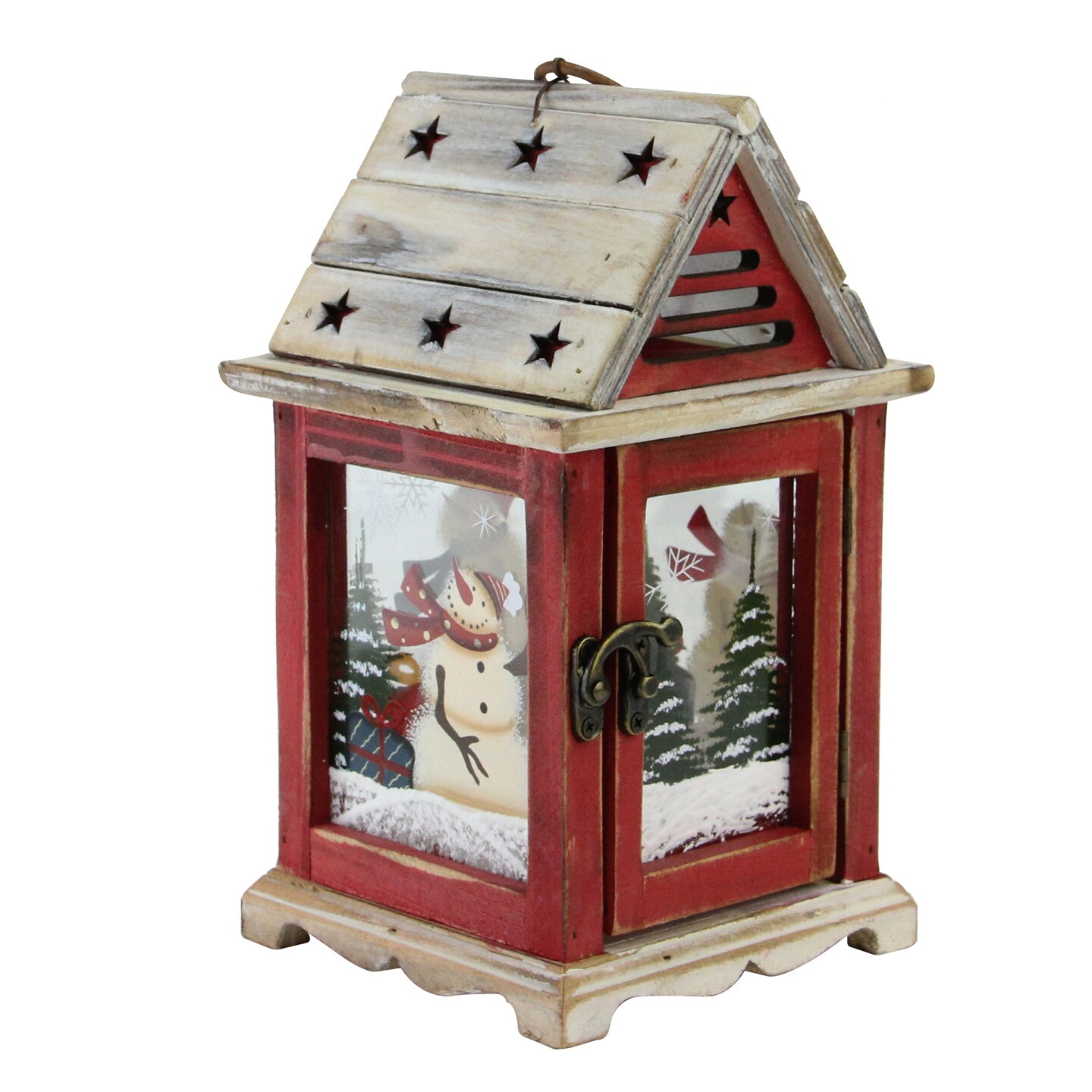 Northlight 11&#x22; Red and Brown Snowman Decorative Christmas Pillar Candle Lantern