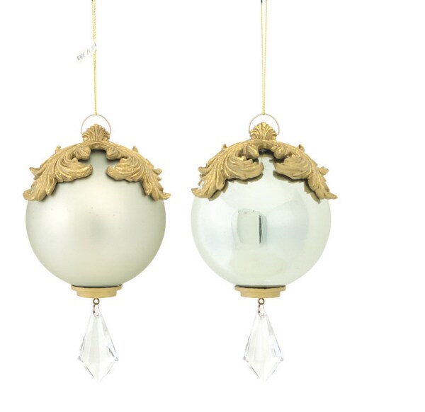 Melrose Set of 2 White and Gold Raised Acanthus Leaf with Clear Jewel Dangle Christmas Ornament 6.5&#x22;