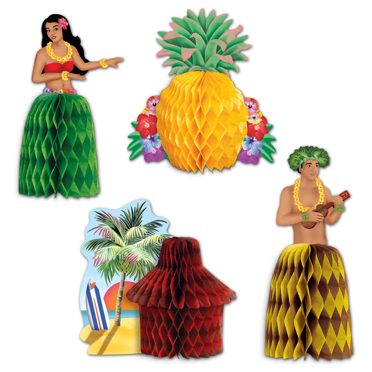 Party Central Club Pack of 48 Yellow and Green Hawaiian Luau Mini Honeycomb Playmate Centerpiece Party Decorations 5.5"