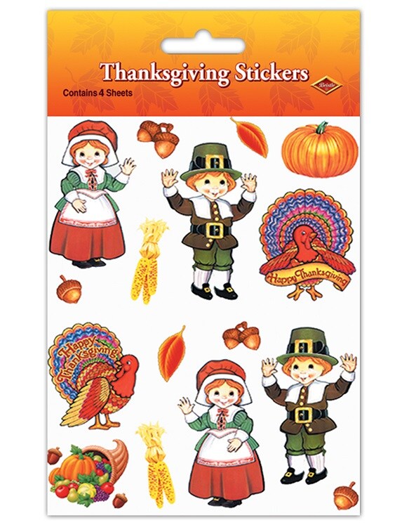 Beistle Club Pack of 48 Fall Harvest Pilgrim and Turkey Sticker Sheets 7.5&#x22;