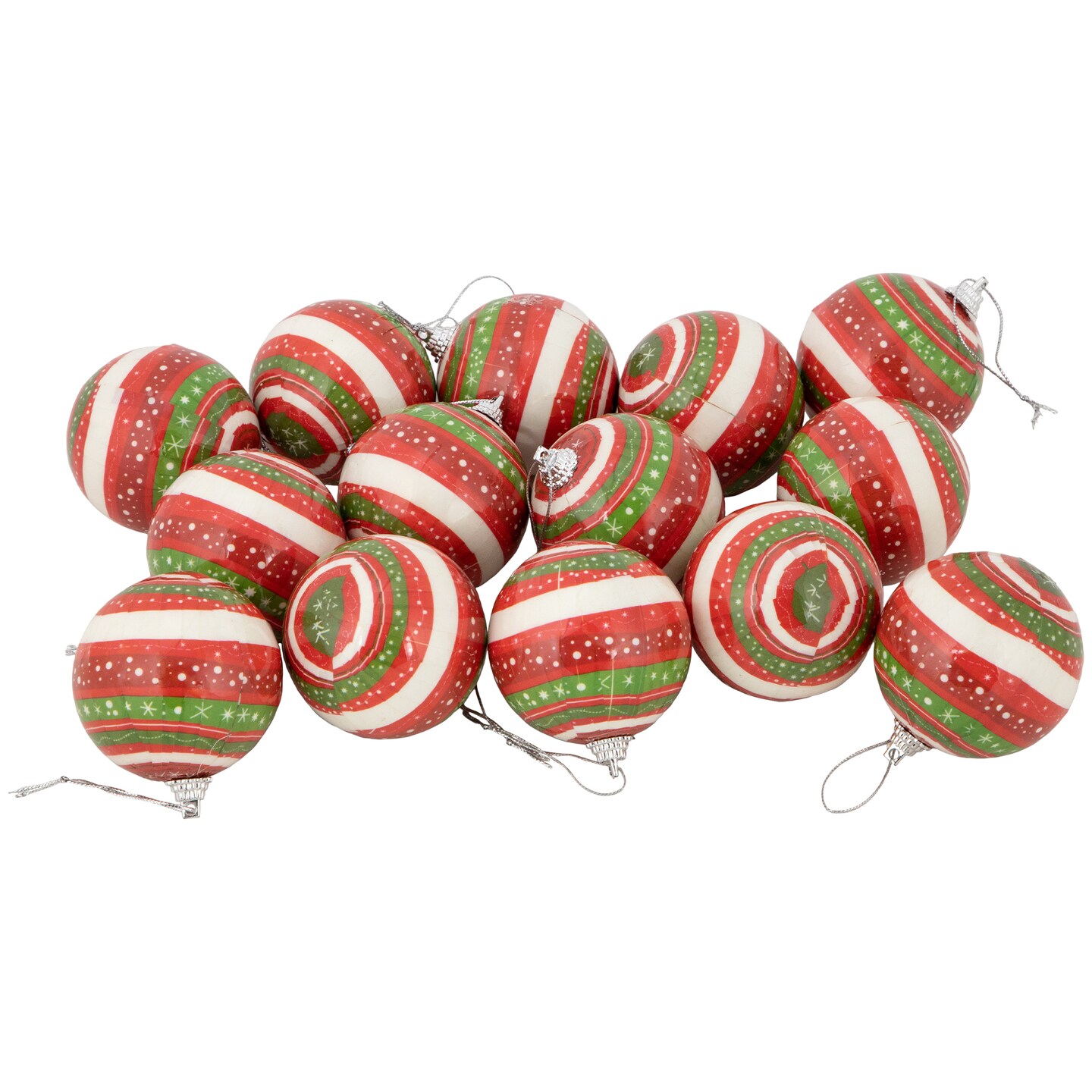 Northlight Striped Decoupage Christmas Ball Ornament Set - 2.25&#x22; (60mm) - Red, Green and White - 14-Count
