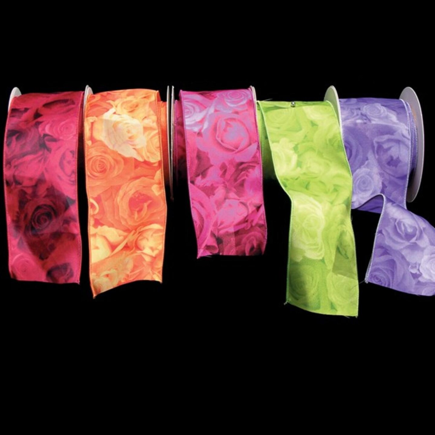The Ribbon People Lime Green Double Faced Rose Print Wired Satin Craft Ribbon 3&#x22; x 20 Yards