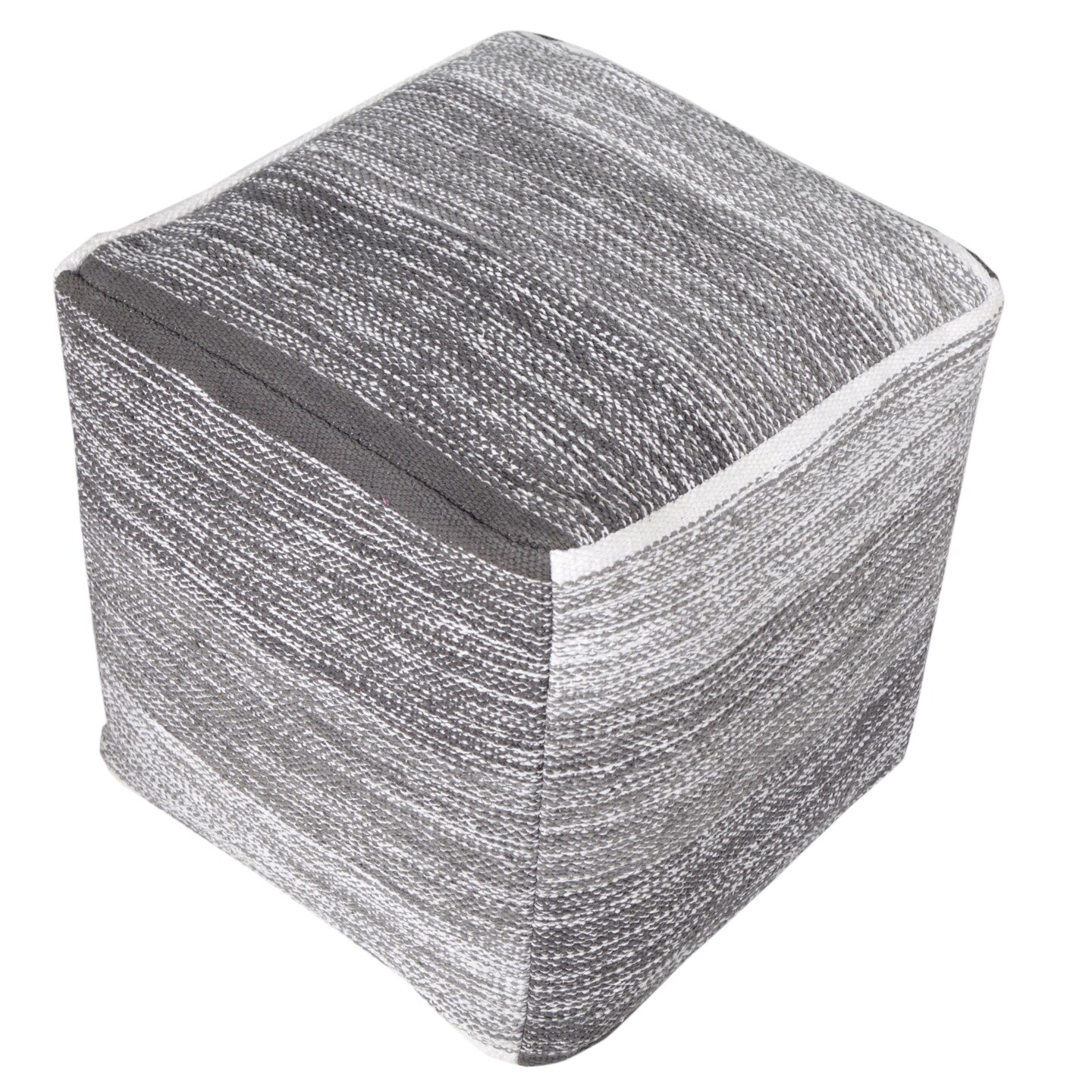 Laddha Home Designs 16&#x22; Gray and White Distressed Hand Loomed Square Pouf Ottoman