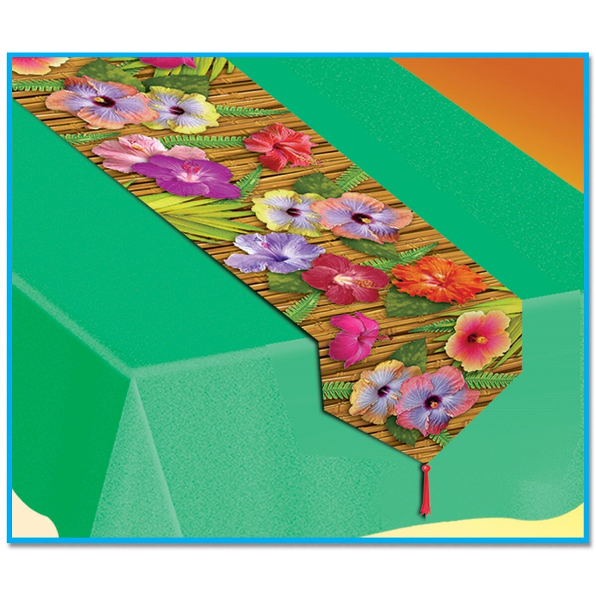 Party Central Club Pack of 12 Green Bamboo and Floral Printed Luau Table Runners 6&#x27;