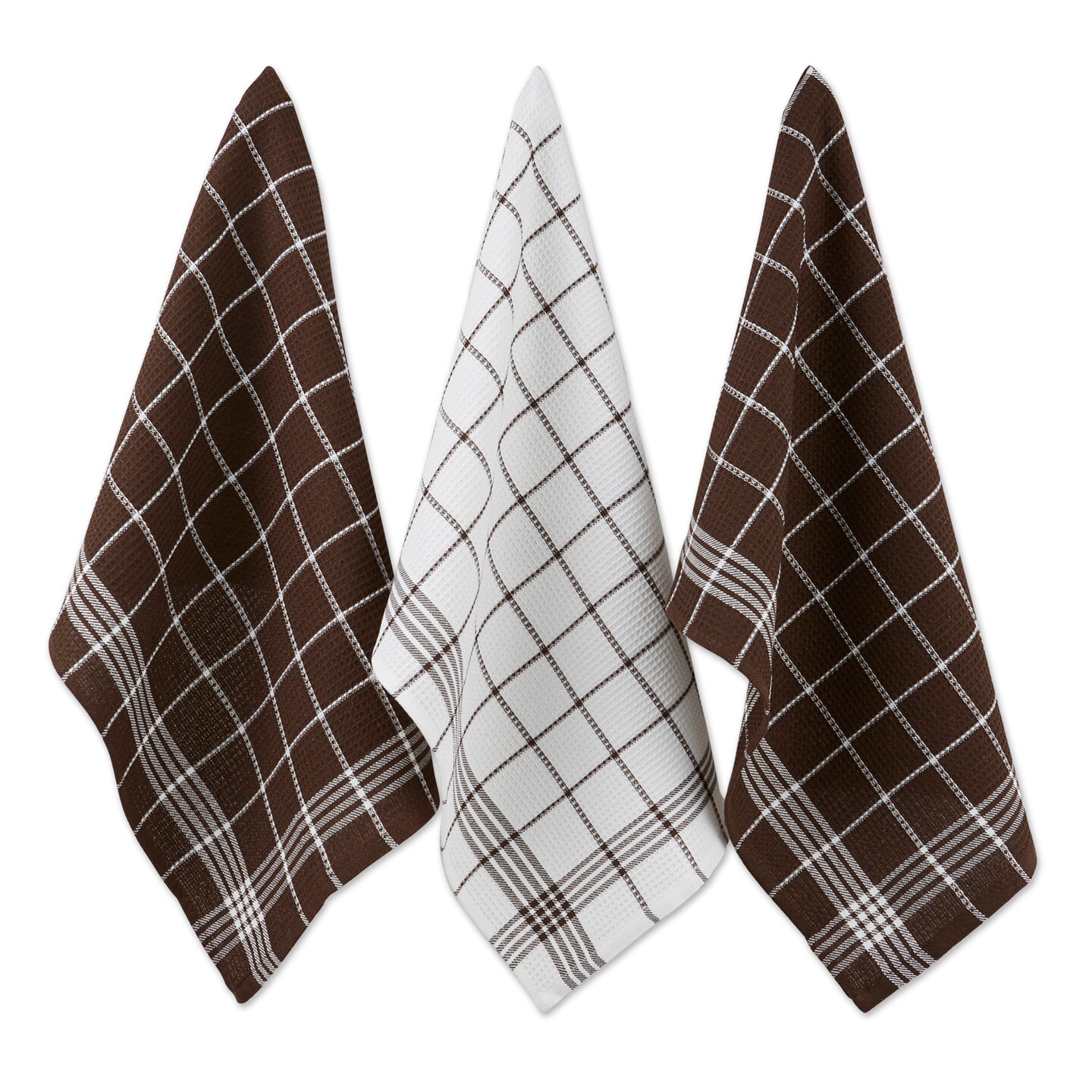 Contemporary Home Living Windowpane Waffle Weave Cotton Dish Towels - 25&#x22; - Brown and White - Set of 3
